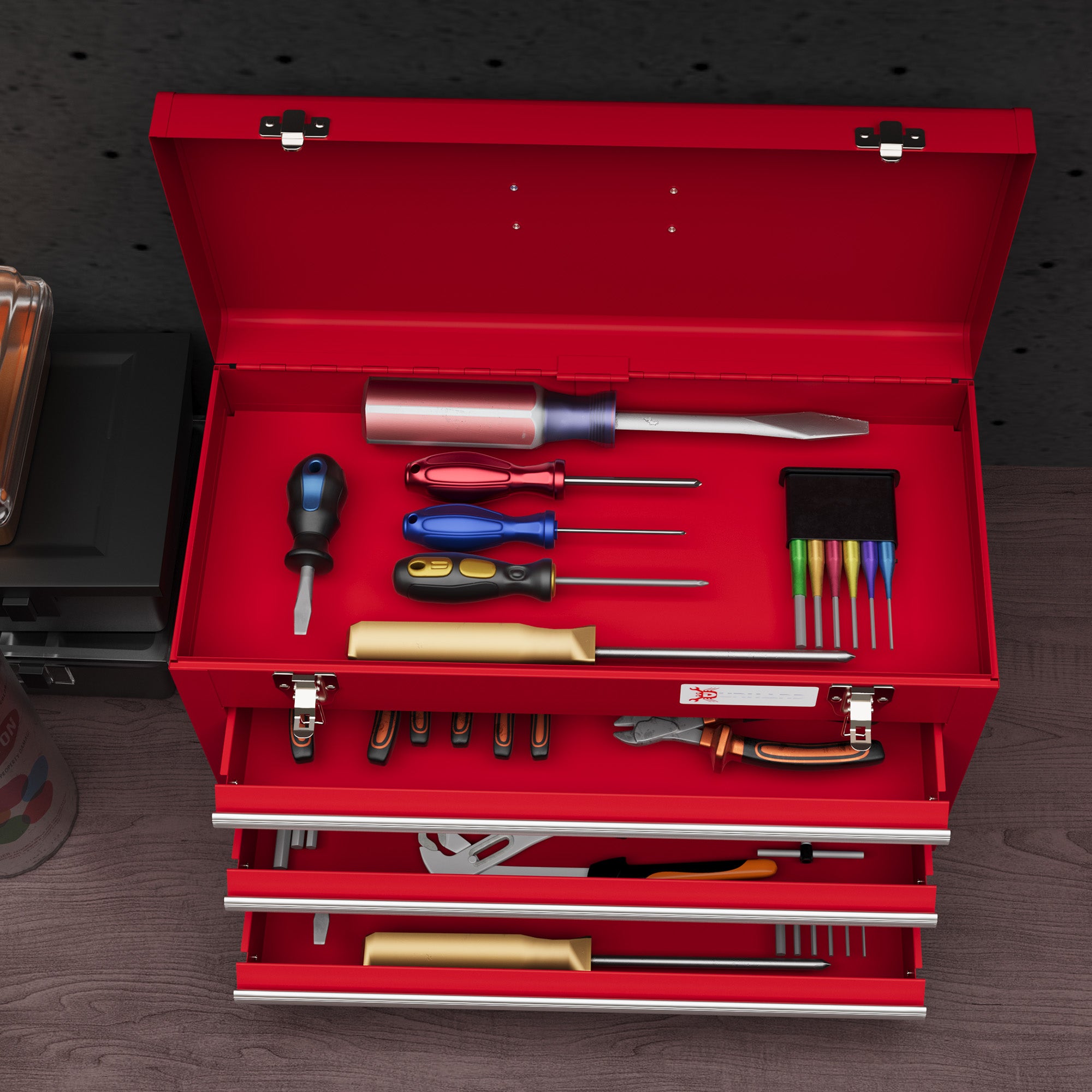 Empty Tool Case, 51 x 22 x 32 cm Toolbox with 3 Drawers, Upper Storage Compartment, Handle, Tool Chest with 2 Locks, Made of Steel, Red