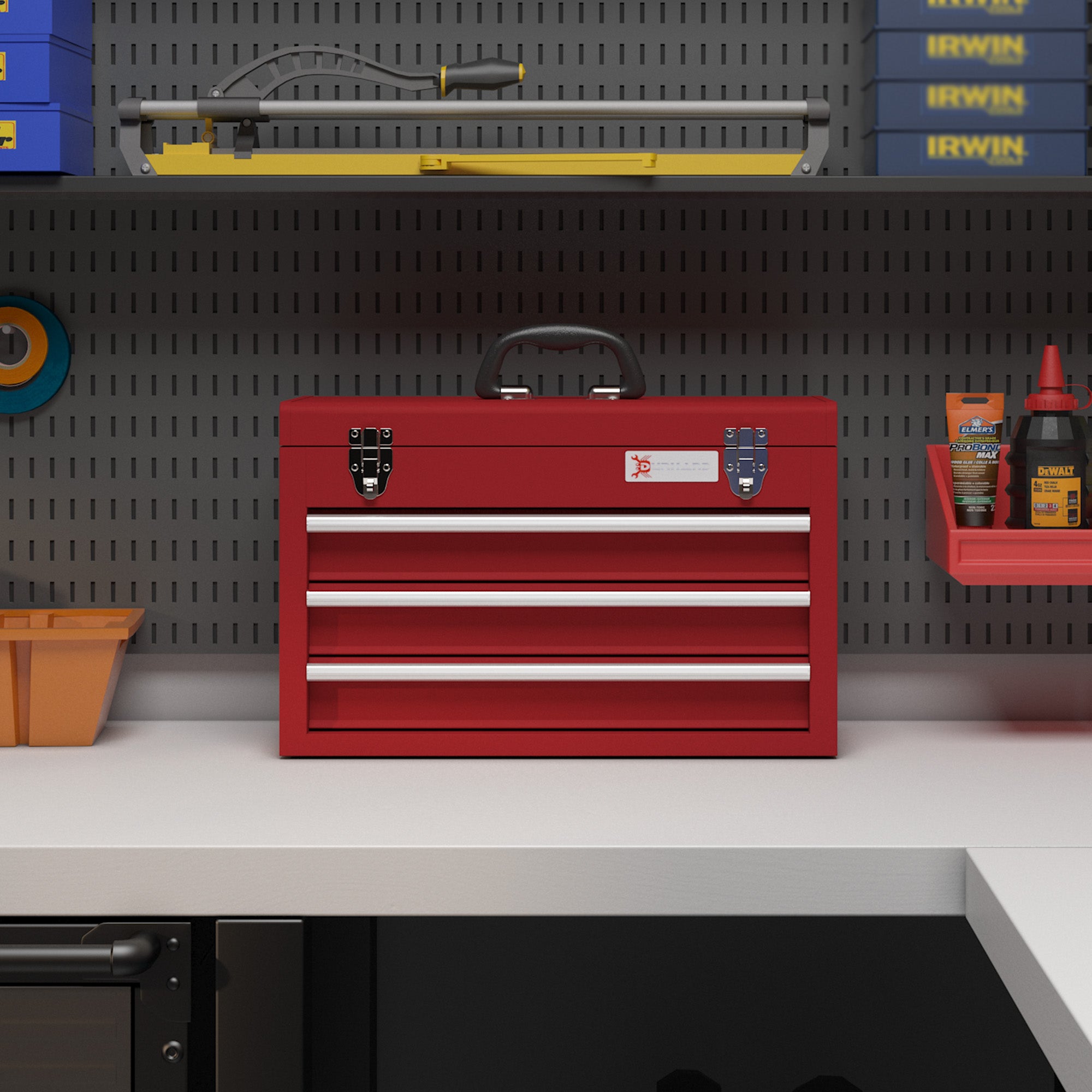 Empty Tool Case, 51 x 22 x 32 cm Toolbox with 3 Drawers, Upper Storage Compartment, Handle, Tool Chest with 2 Locks, Made of Steel, Red