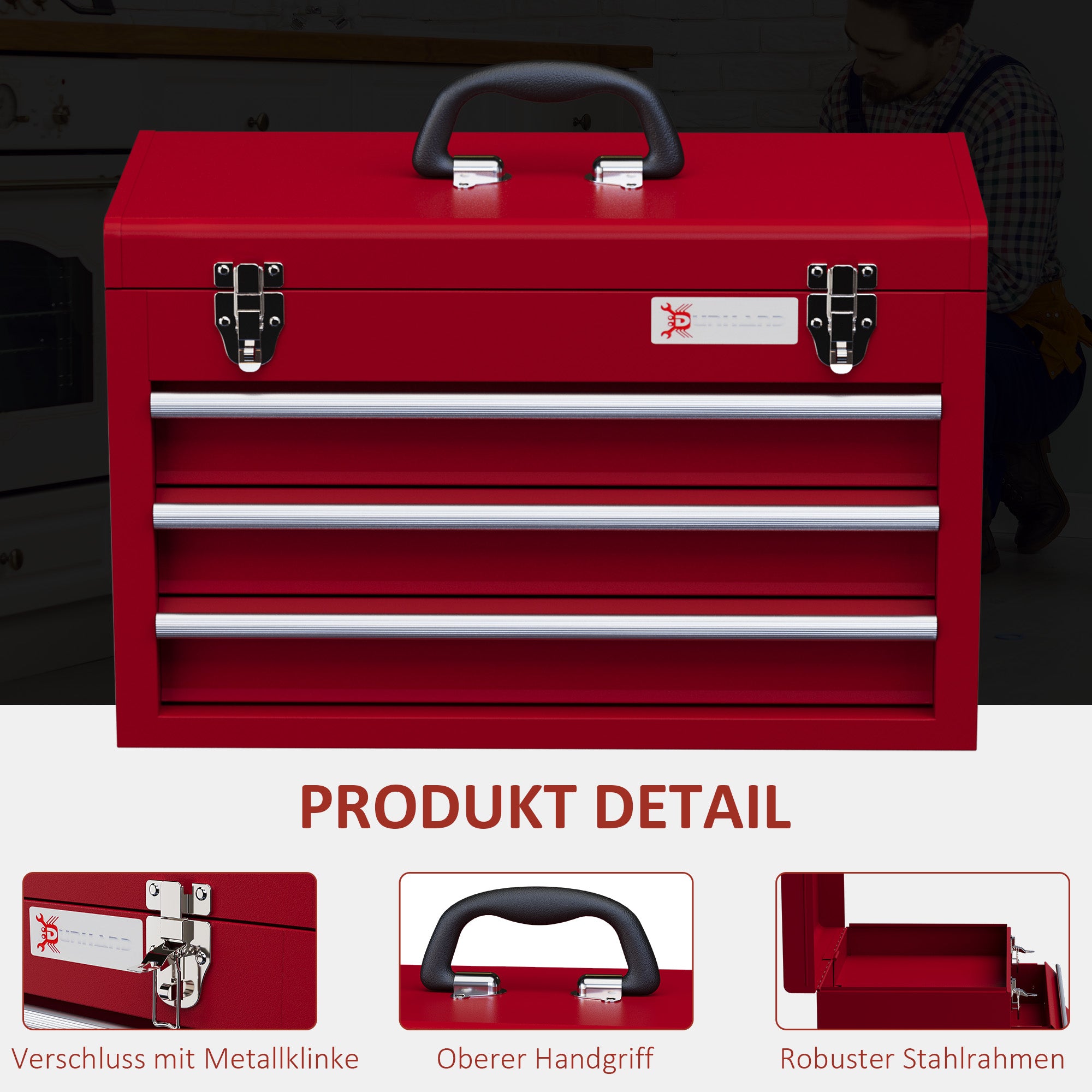 Empty Tool Case, 51 x 22 x 32 cm Toolbox with 3 Drawers, Upper Storage Compartment, Handle, Tool Chest with 2 Locks, Made of Steel, Red