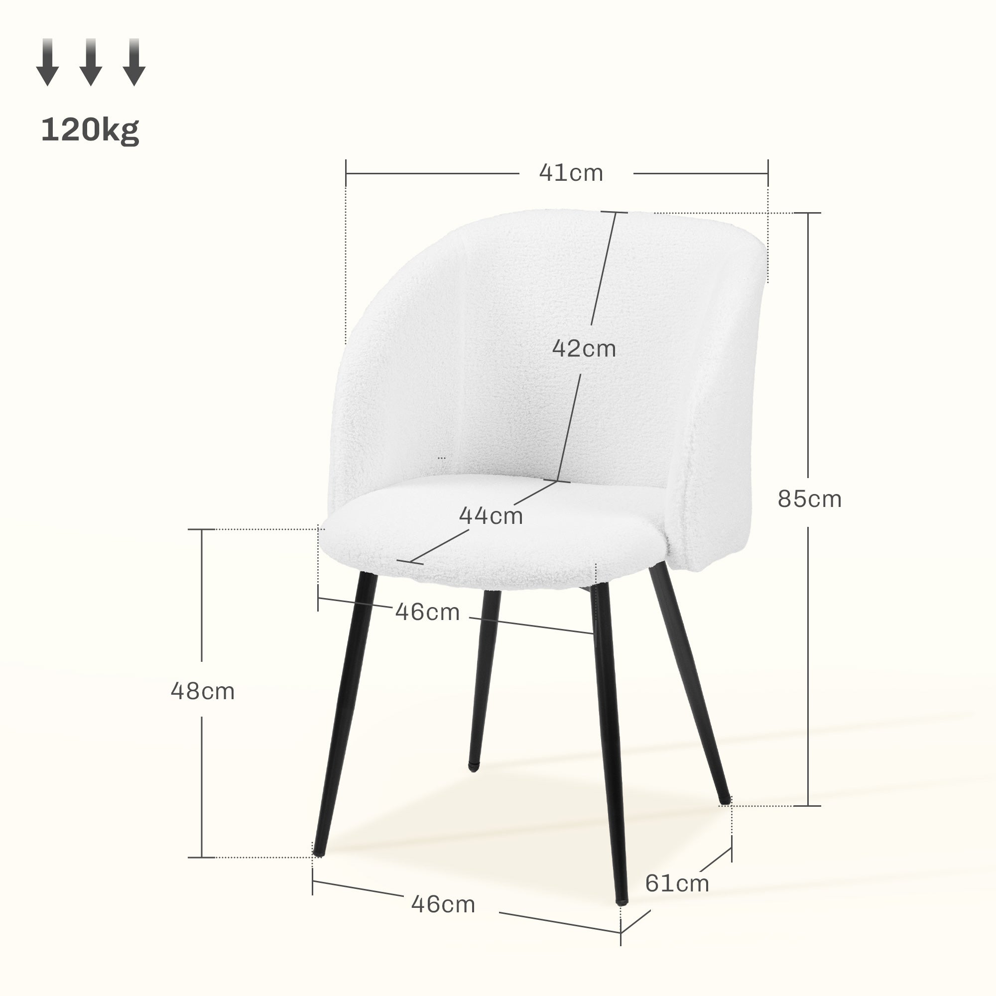 Set of 2 Dining Chairs Kitchen Chairs in Loop Wool Effect Fabric Living Room Chairs with Steel Legs - 55 x 62 x 80 cm White Black