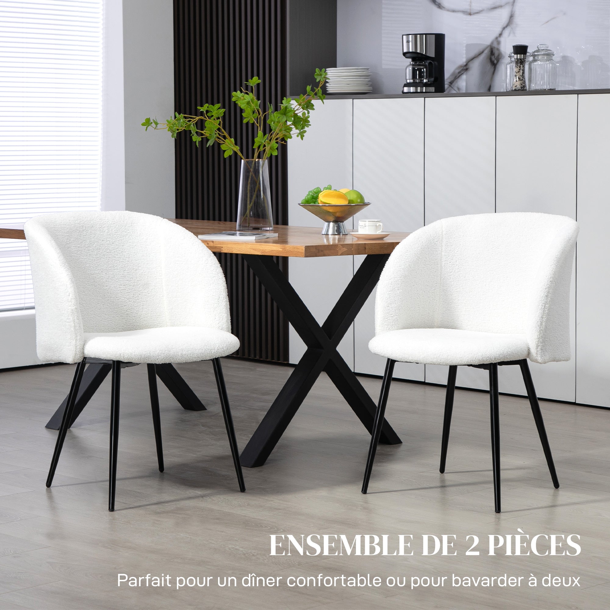 Set of 2 Dining Chairs Kitchen Chairs in Loop Wool Effect Fabric Living Room Chairs with Steel Legs - 55 x 62 x 80 cm White Black