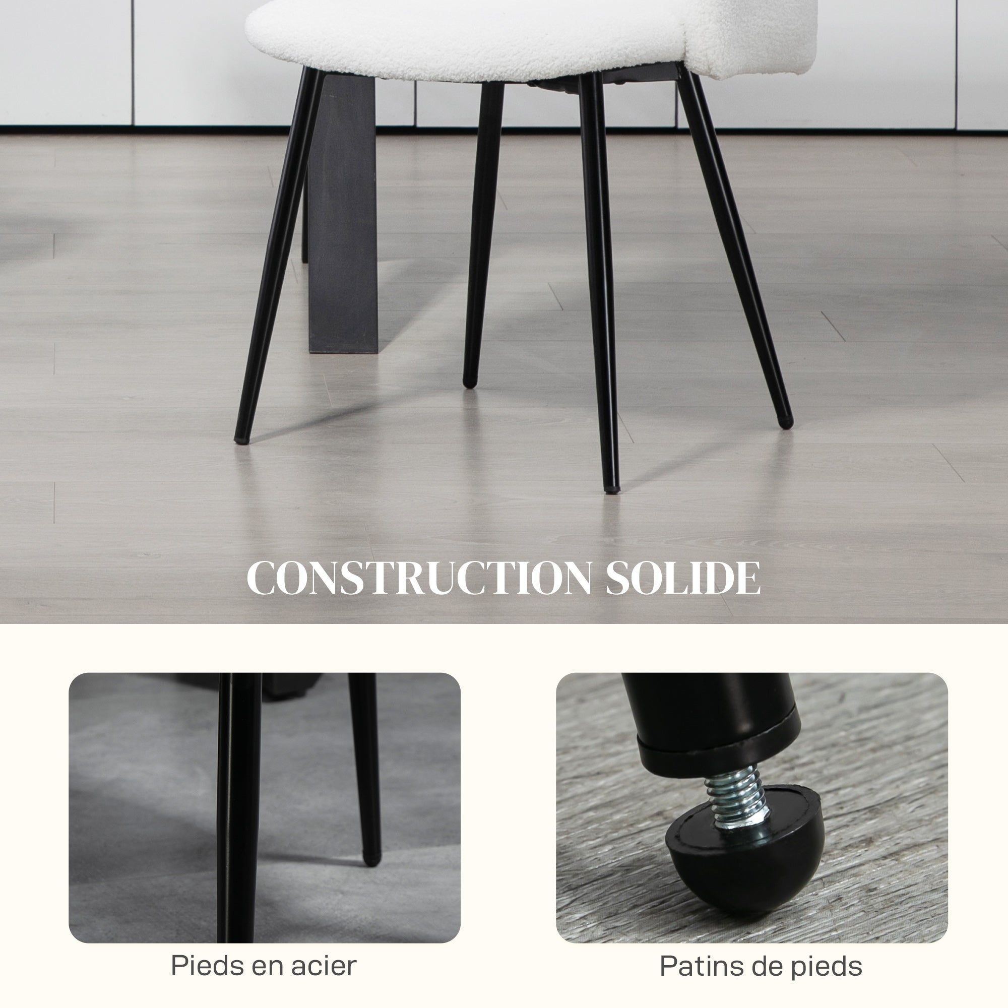 Set of 2 Dining Chairs Kitchen Chairs in Loop Wool Effect Fabric Living Room Chairs with Steel Legs - 55 x 62 x 80 cm White Black