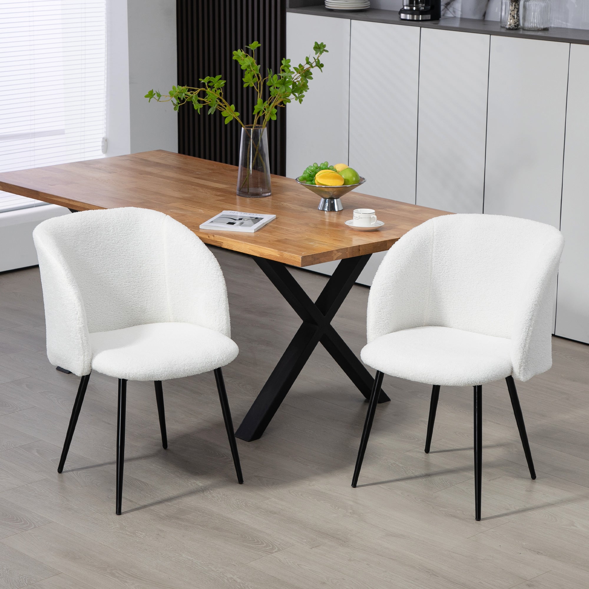 Set of 2 Dining Chairs Kitchen Chairs in Loop Wool Effect Fabric Living Room Chairs with Steel Legs - 55 x 62 x 80 cm White Black