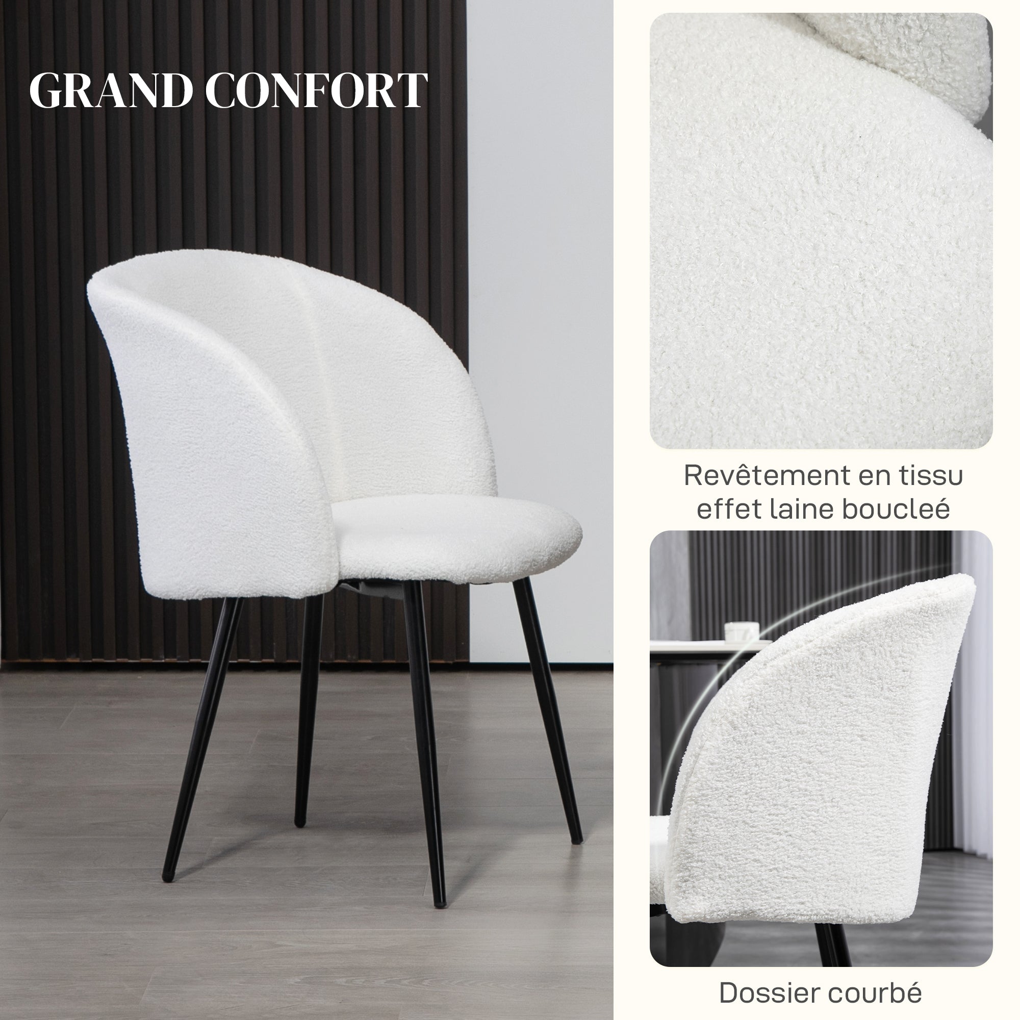 Set of 2 Dining Chairs Kitchen Chairs in Loop Wool Effect Fabric Living Room Chairs with Steel Legs - 55 x 62 x 80 cm White Black