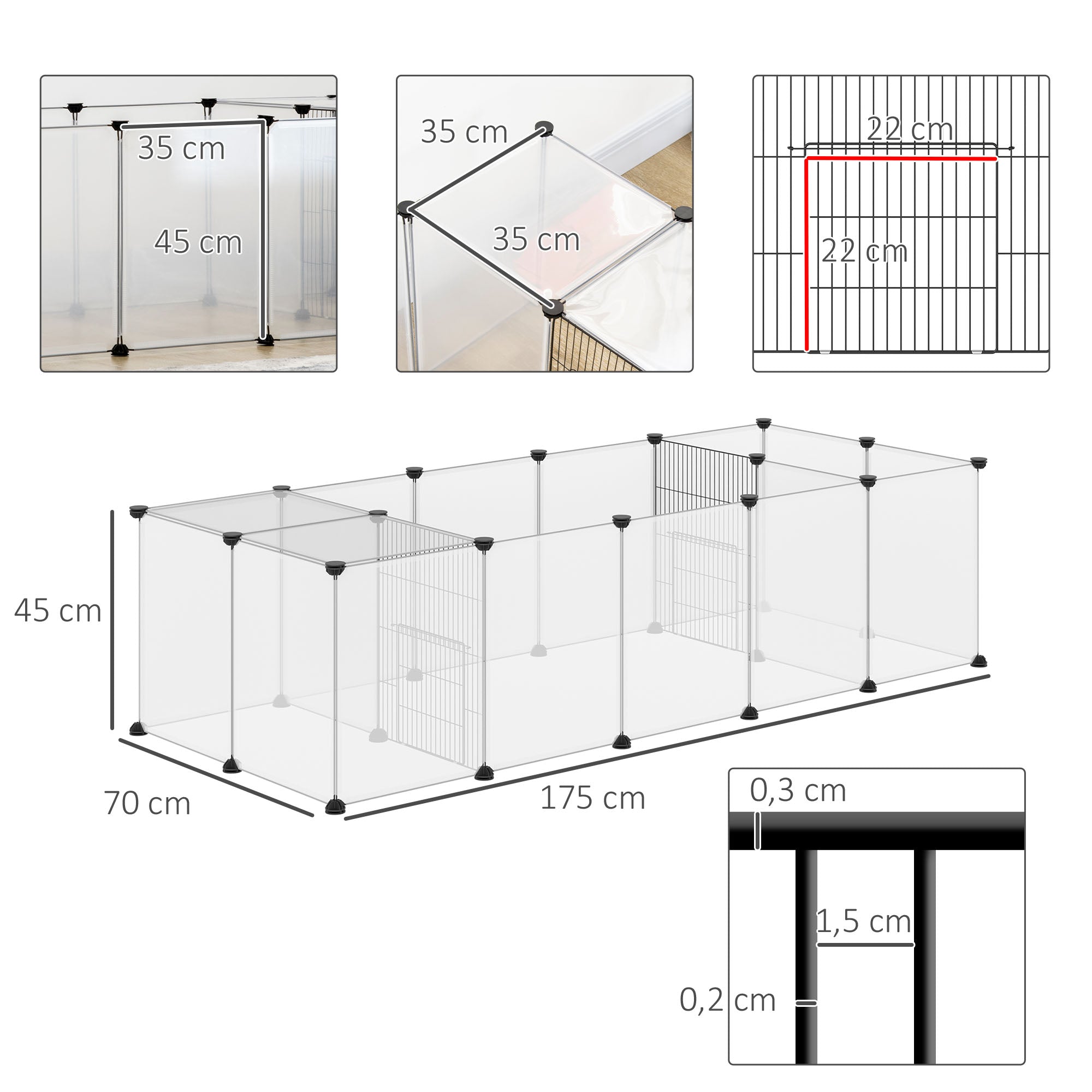 DIY Pet Fence with 20 Resin Panels Small Animal Park Modular Cage for Guinea Pigs Rabbits Chinchillas 175x70x45 cm White
