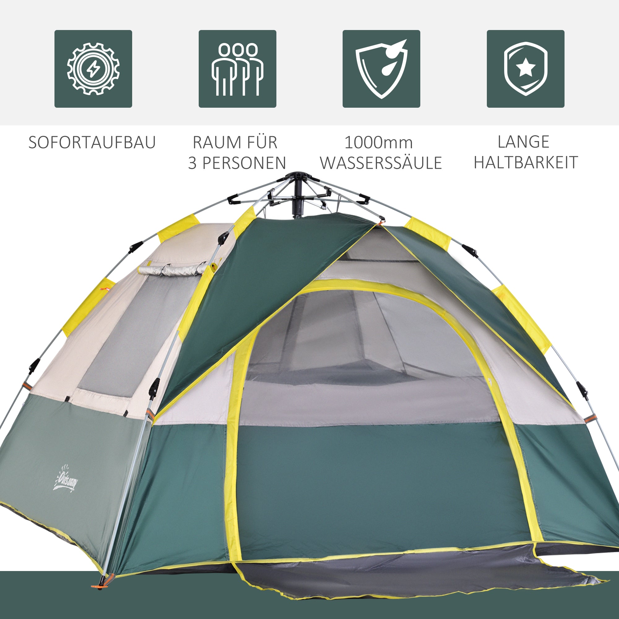 Camping Tent for 3 Persons Pop-up Dome Tent with Window, Carry Bag, Hooks, Floor Mat, Family Tent with 1000mm Water Column Tent for Camping Travel Trekking Garden
