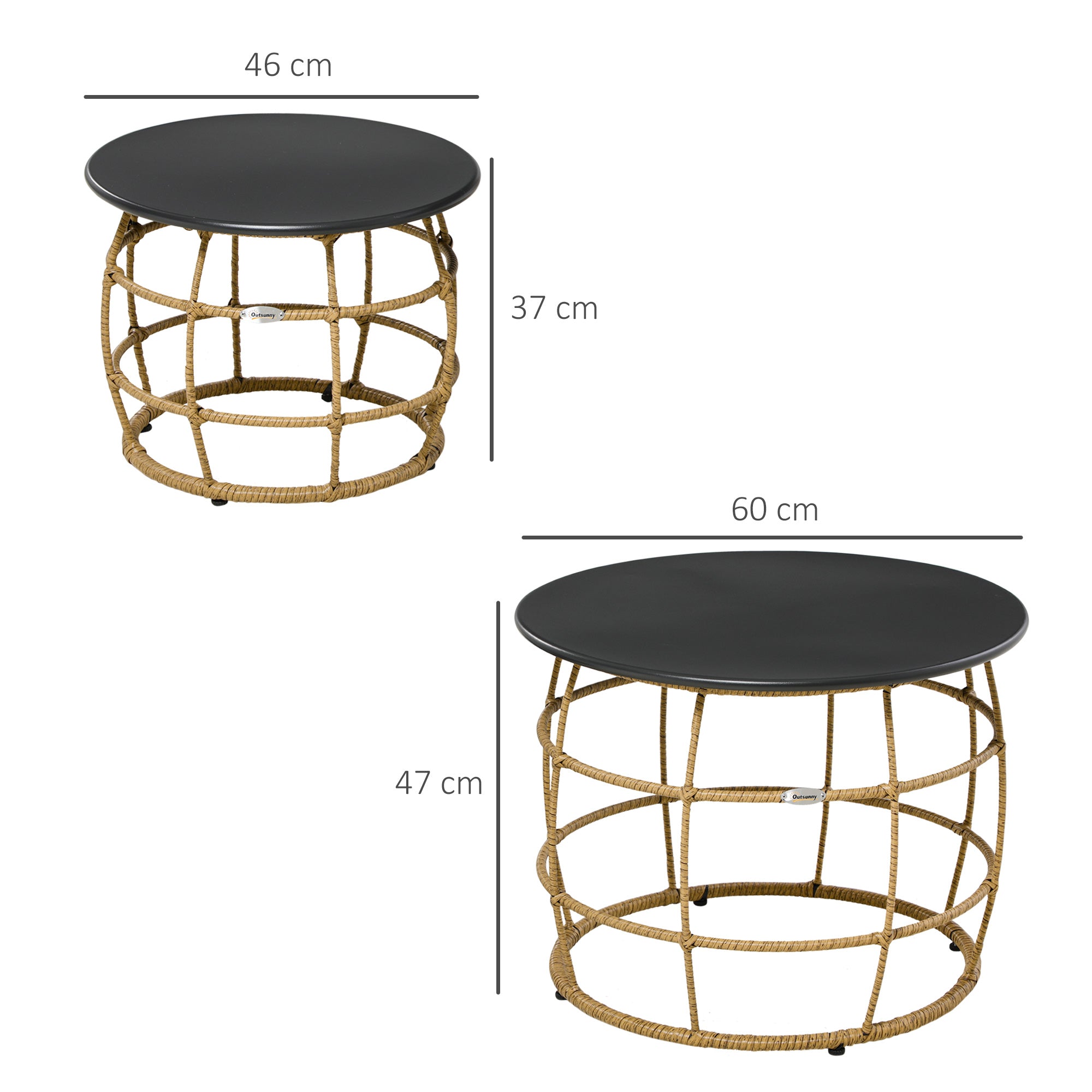 2-Piece Side Table Set, Rattan Coffee Table, Metal Tabletop, Handwoven Sofa Table for Garden, Balcony, Ø46+Ø60 cm, Sand