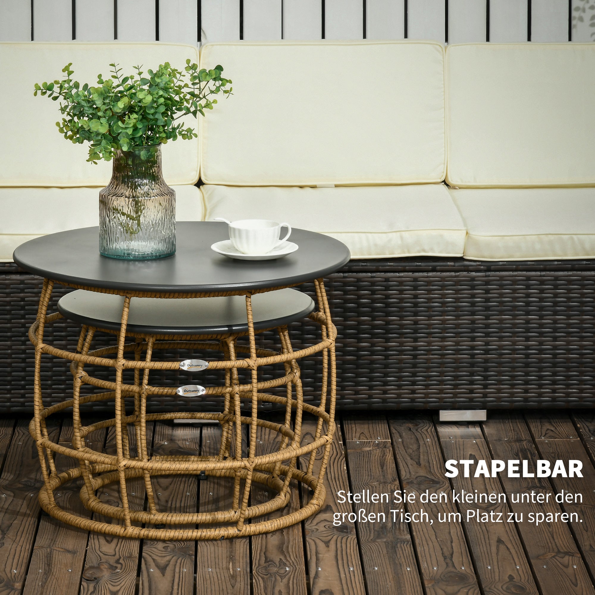 2-Piece Side Table Set, Rattan Coffee Table, Metal Tabletop, Handwoven Sofa Table for Garden, Balcony, Ø46+Ø60 cm, Sand
