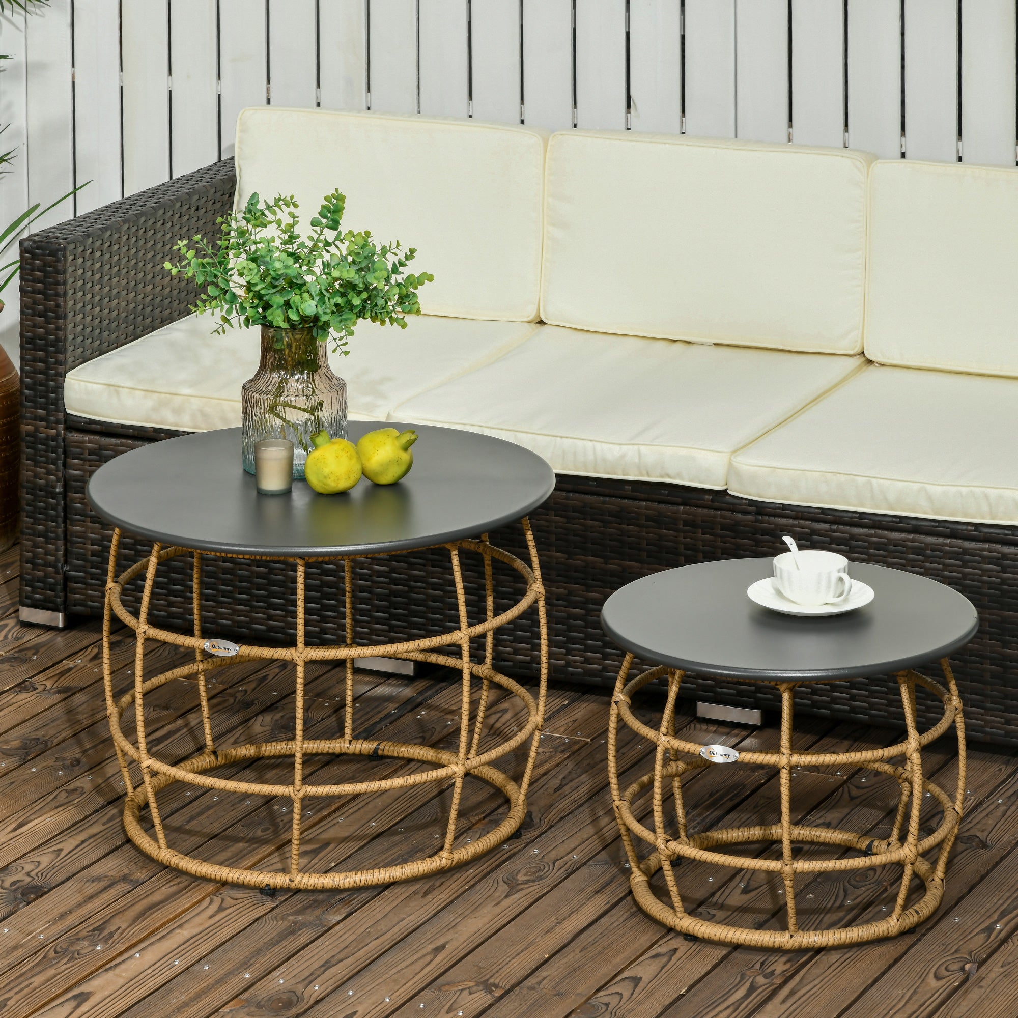 2-Piece Side Table Set, Rattan Coffee Table, Metal Tabletop, Handwoven Sofa Table for Garden, Balcony, Ø46+Ø60 cm, Sand
