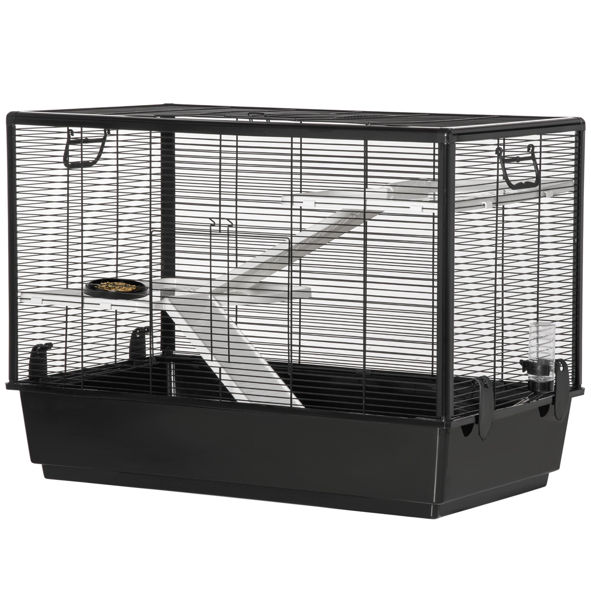 Guinea Pig and Hamster Cage with Handle, Water Tank, Ramp, and Food Dish, 80x48x58cm, Black