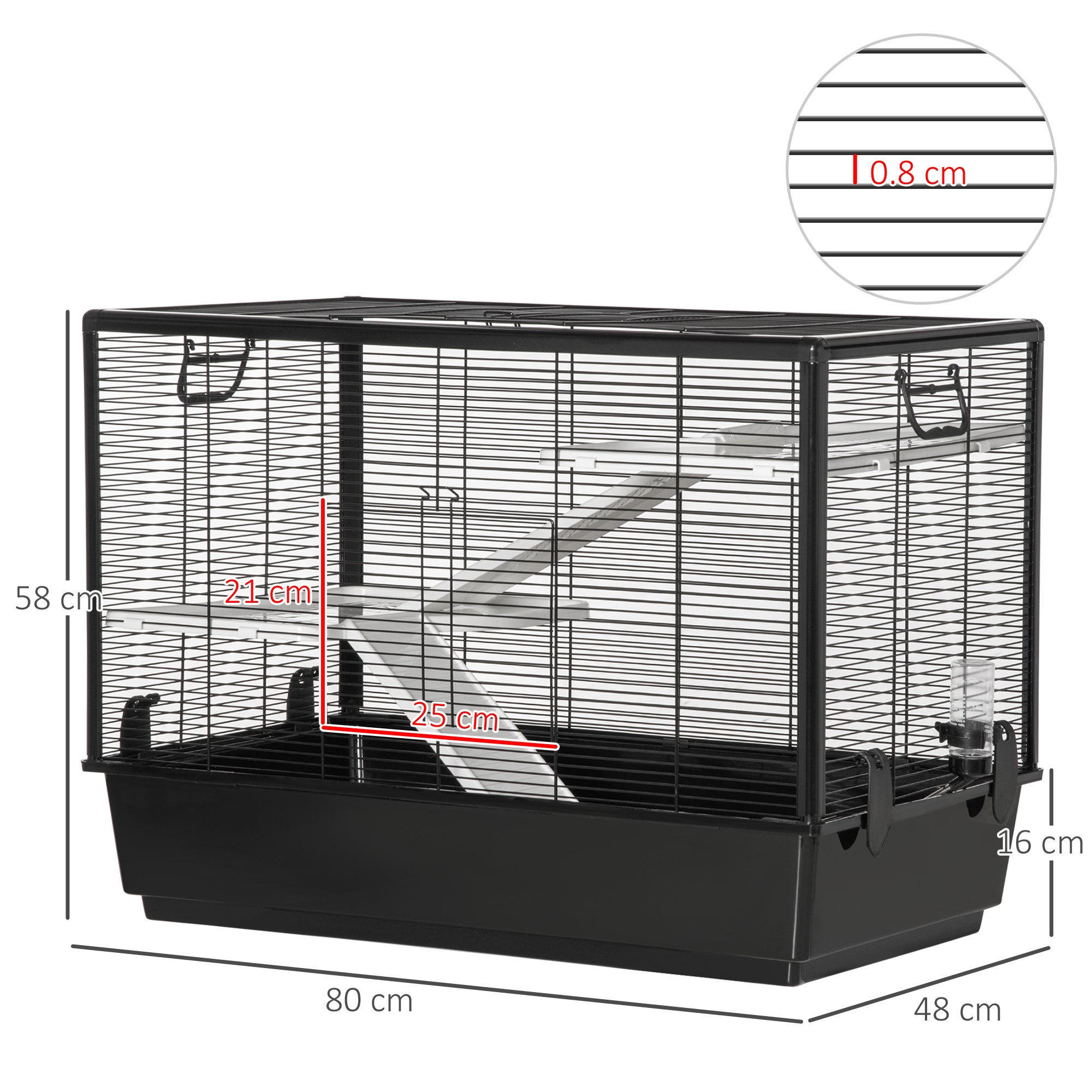 Guinea Pig and Hamster Cage with Handle, Water Tank, Ramp, and Food Dish, 80x48x58cm, Black
