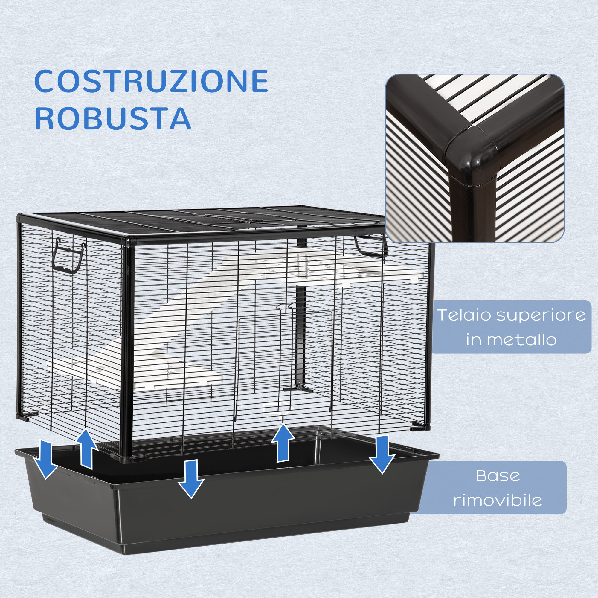 Guinea Pig and Hamster Cage with Handle, Water Tank, Ramp, and Food Dish, 80x48x58cm, Black