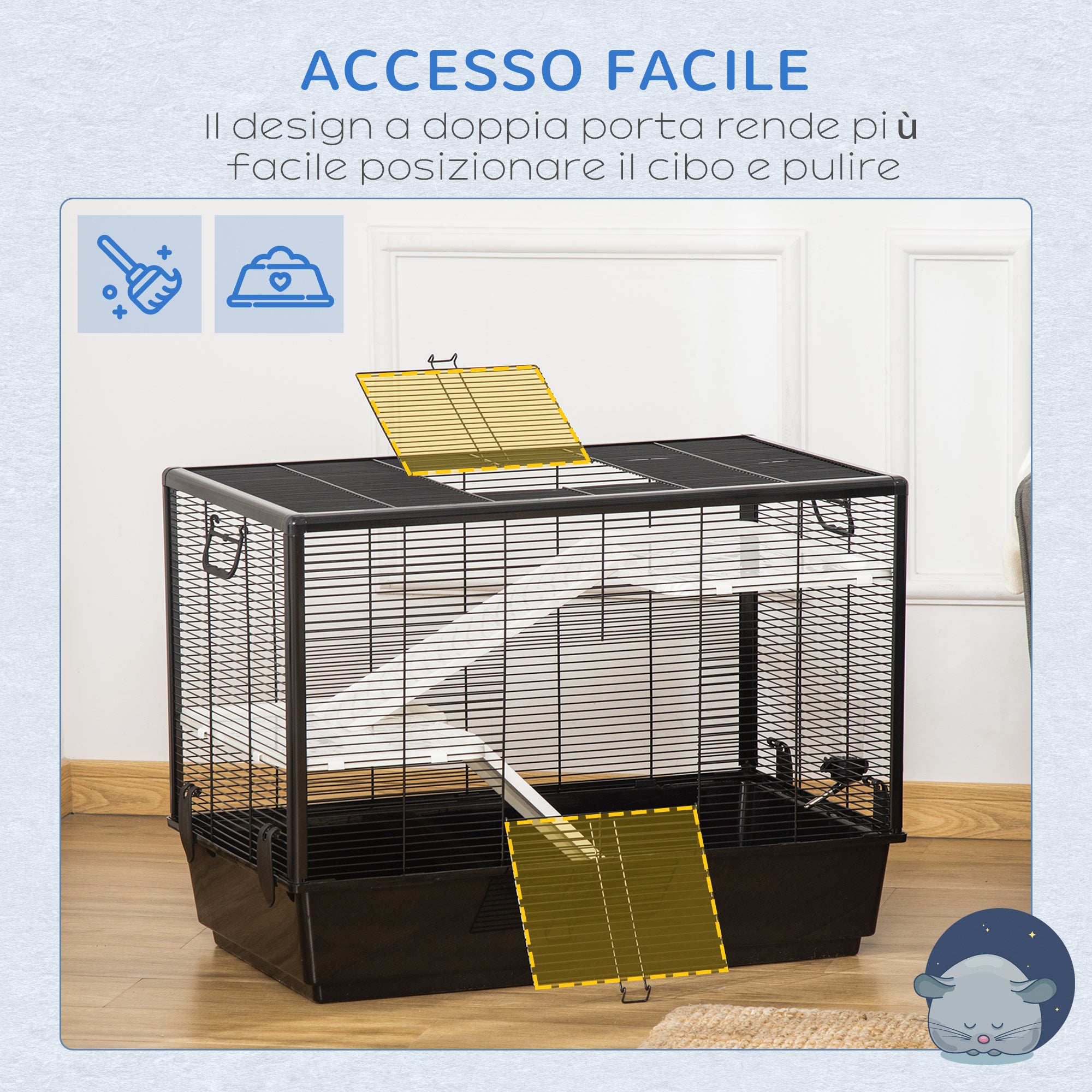 Guinea Pig and Hamster Cage with Handle, Water Tank, Ramp, and Food Dish, 80x48x58cm, Black