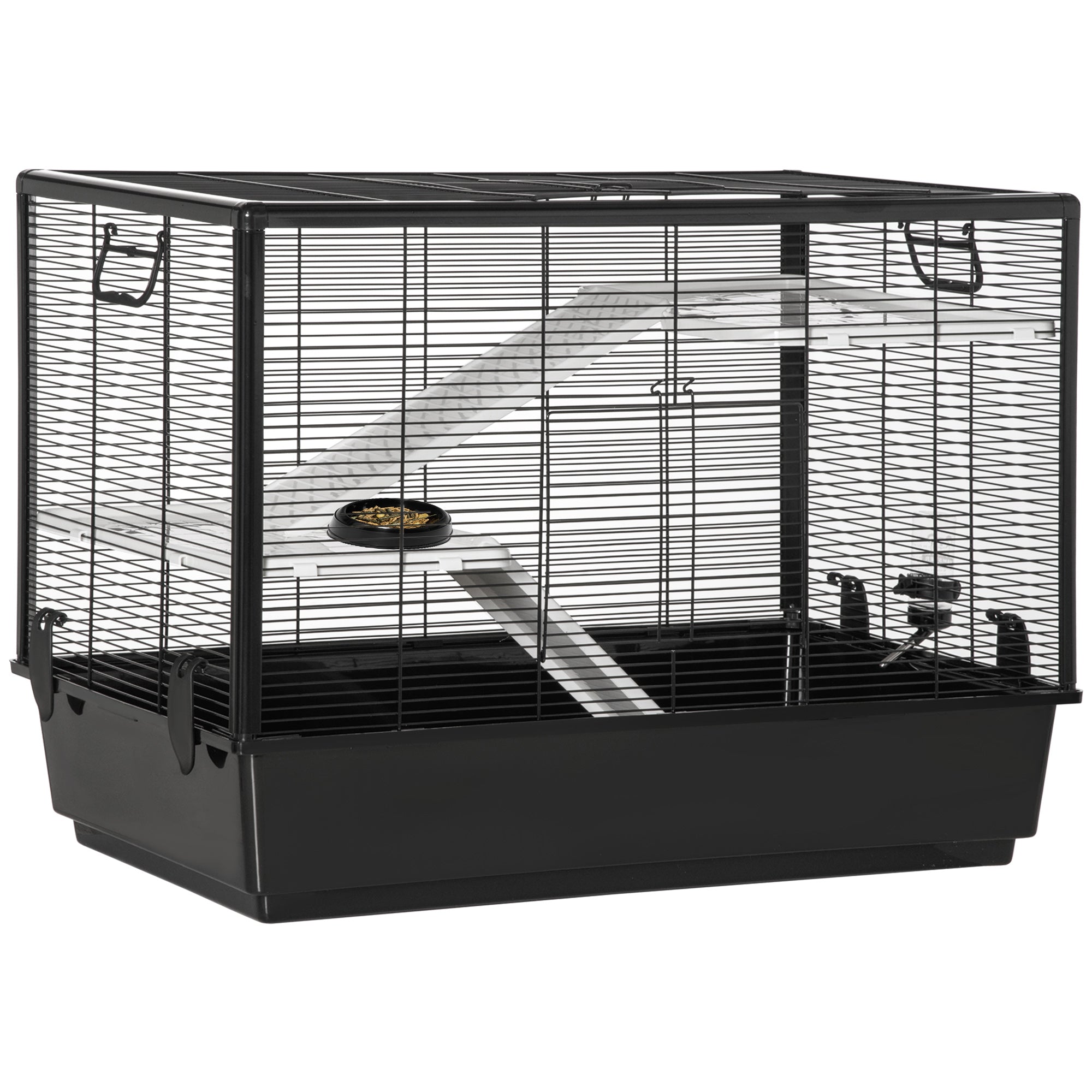 Guinea Pig and Hamster Cage with Handle, Water Tank, Ramp, and Food Dish, 80x48x58cm, Black