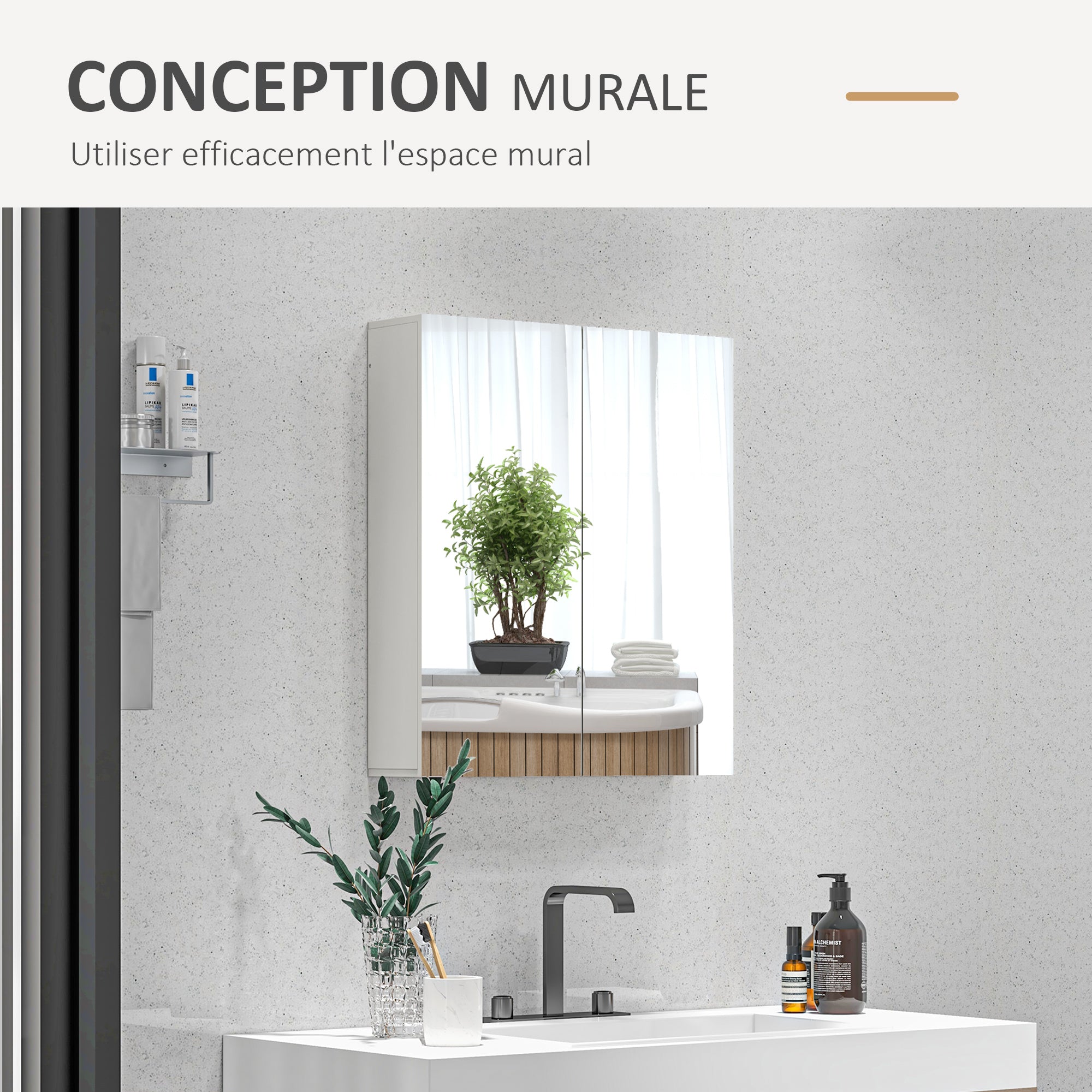 Wall-mounted bathroom cabinet, storage cupboard, 3 levels, adjustable shelf, 2 doors and mirrors, suspended cabinet, 60 x 15 x 60 cm, white