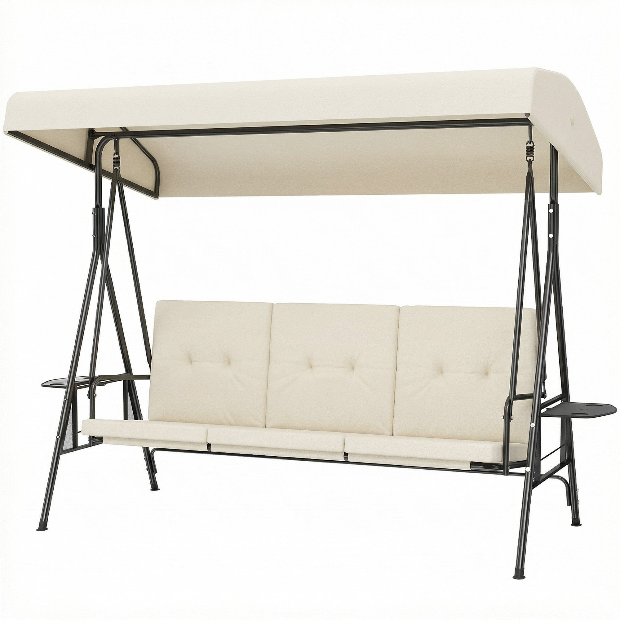 3-Seater Garden Swing — Adjustable Canopy, 2 Side Tables & Cushions, Steel/Polyester, Cream