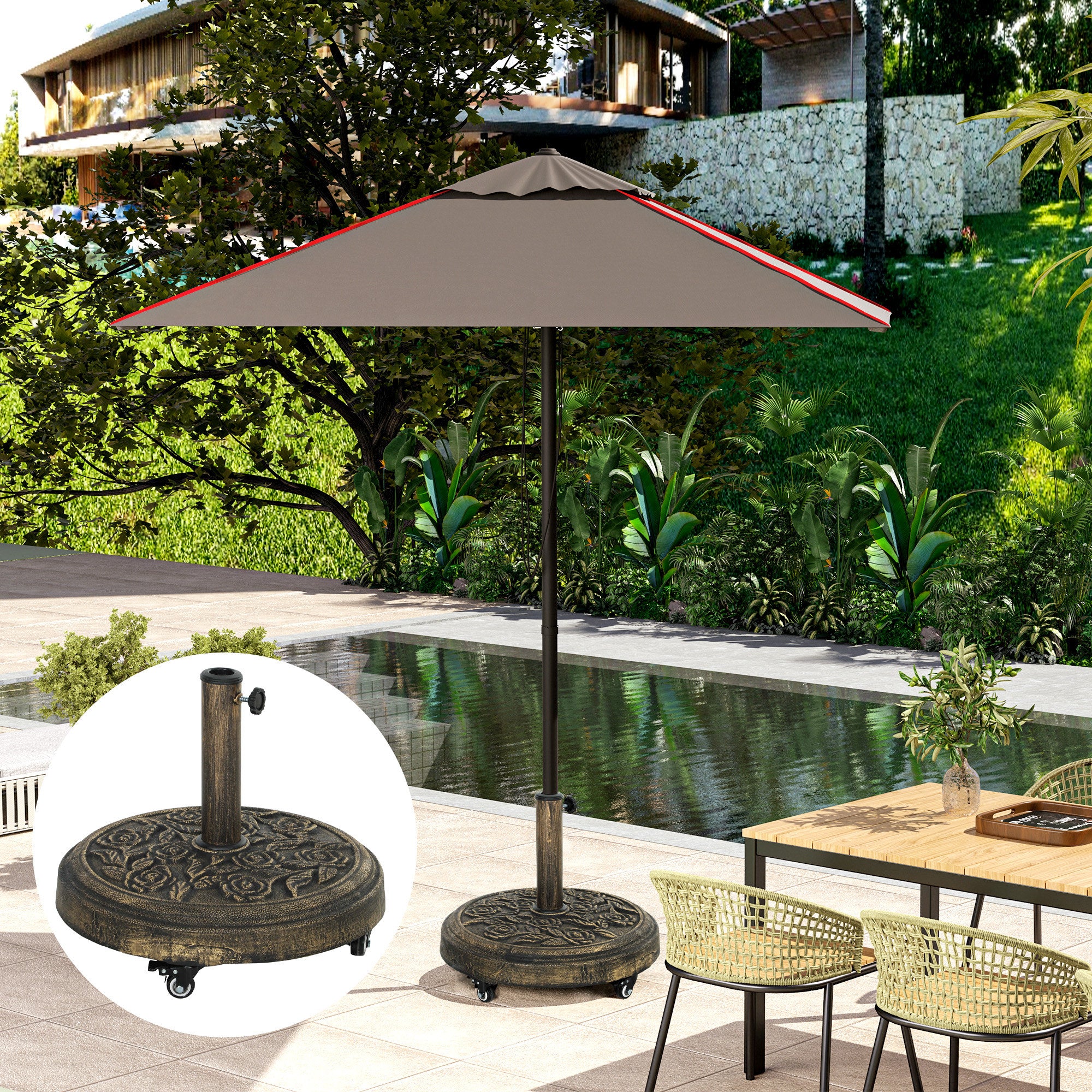 Round Umbrella Base Stand with Wheels Cement Filled 21 kg Weight for Garden Terrace Bronze
