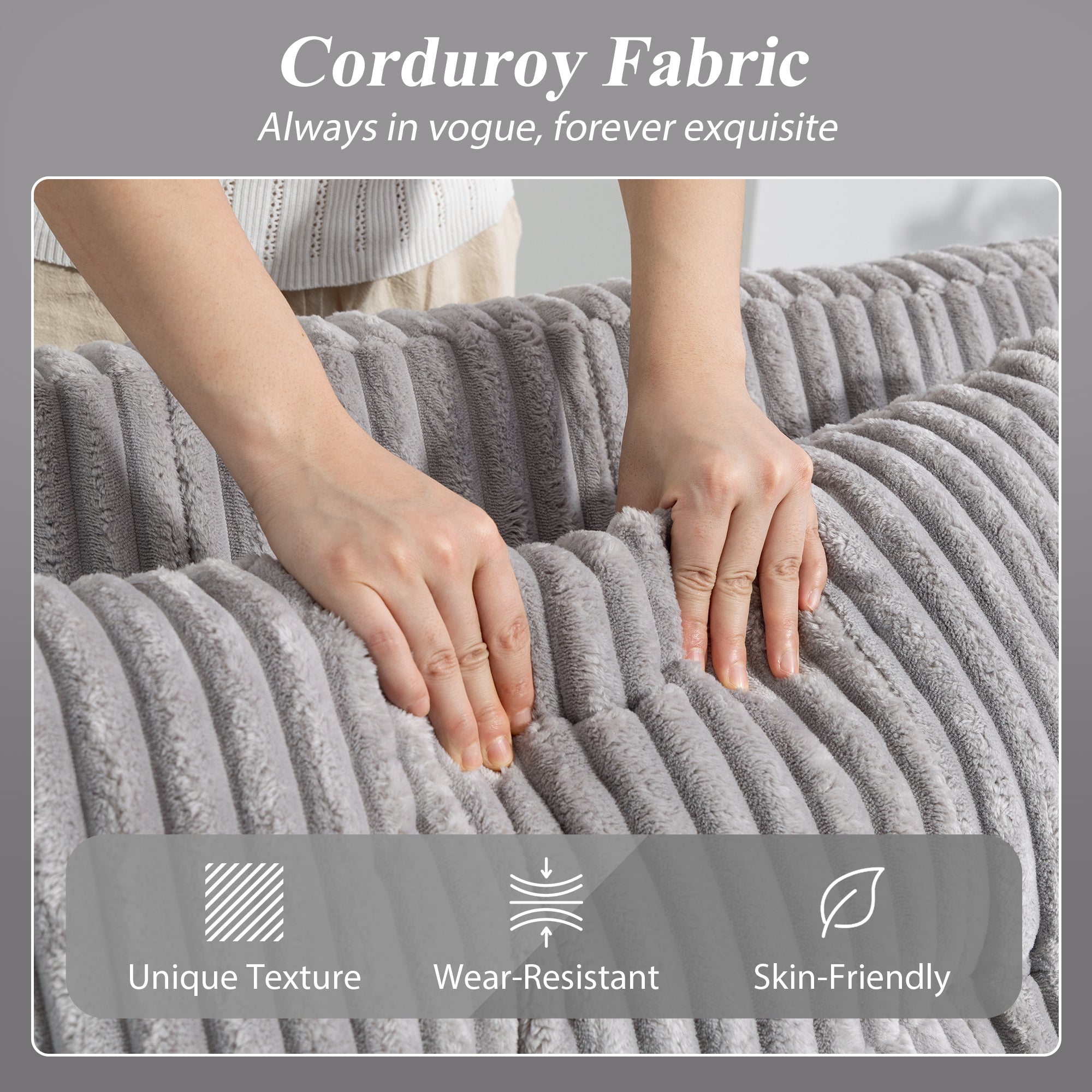 2-Seater Convertible Sofa Bed, Corduroy Upholstery, Light Gray