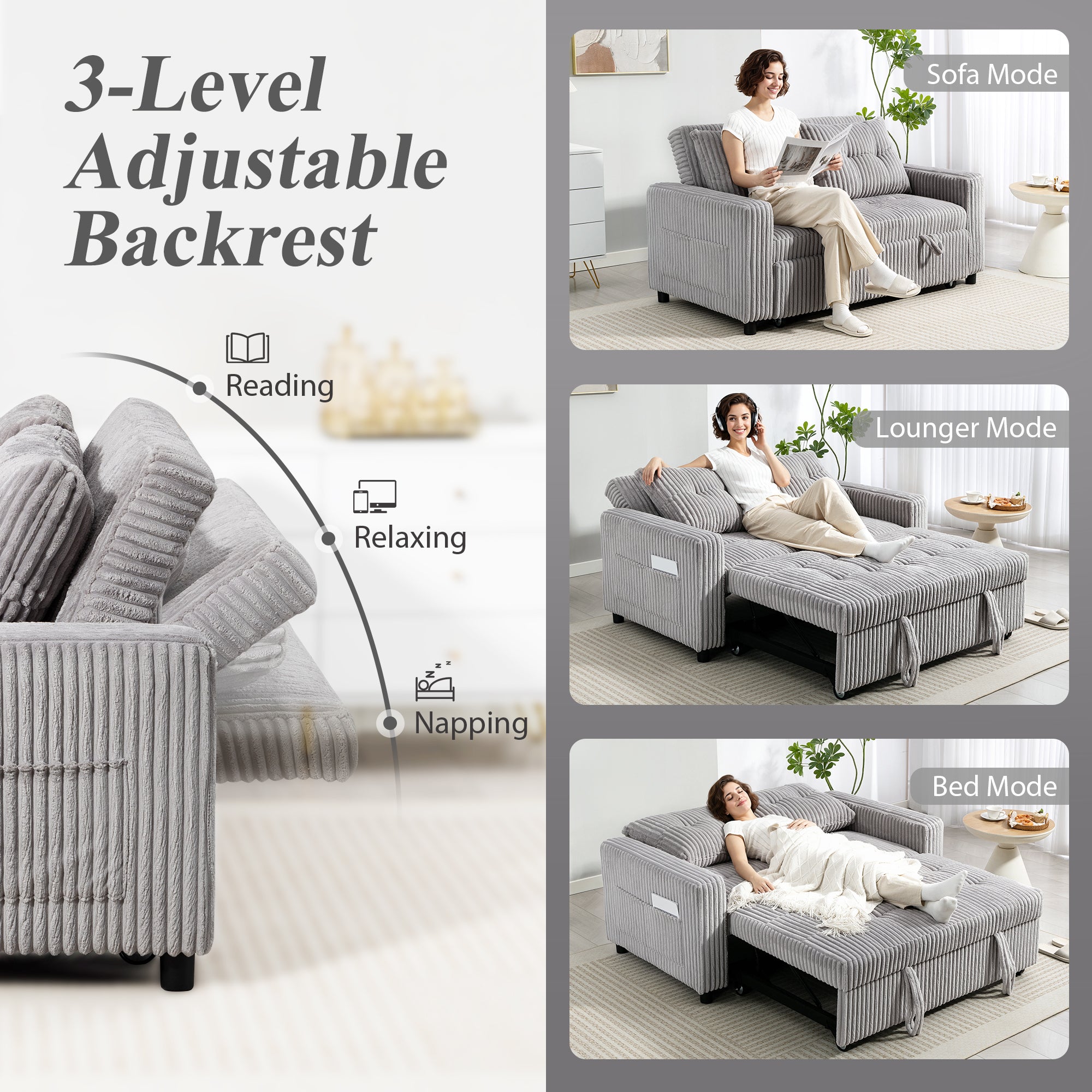 2-Seater Convertible Sofa Bed, Corduroy Upholstery, Light Gray