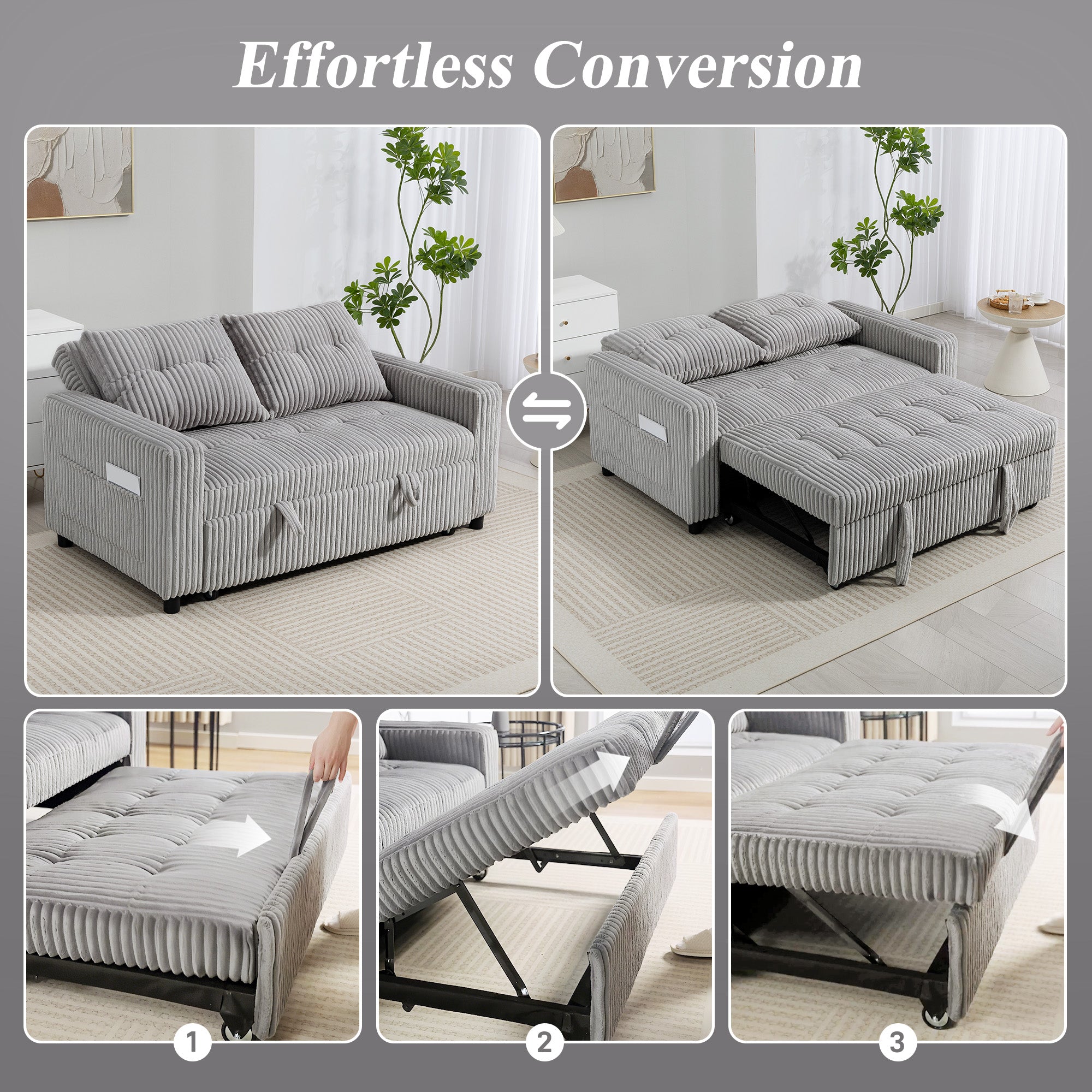 2-Seater Convertible Sofa Bed, Corduroy Upholstery, Light Gray