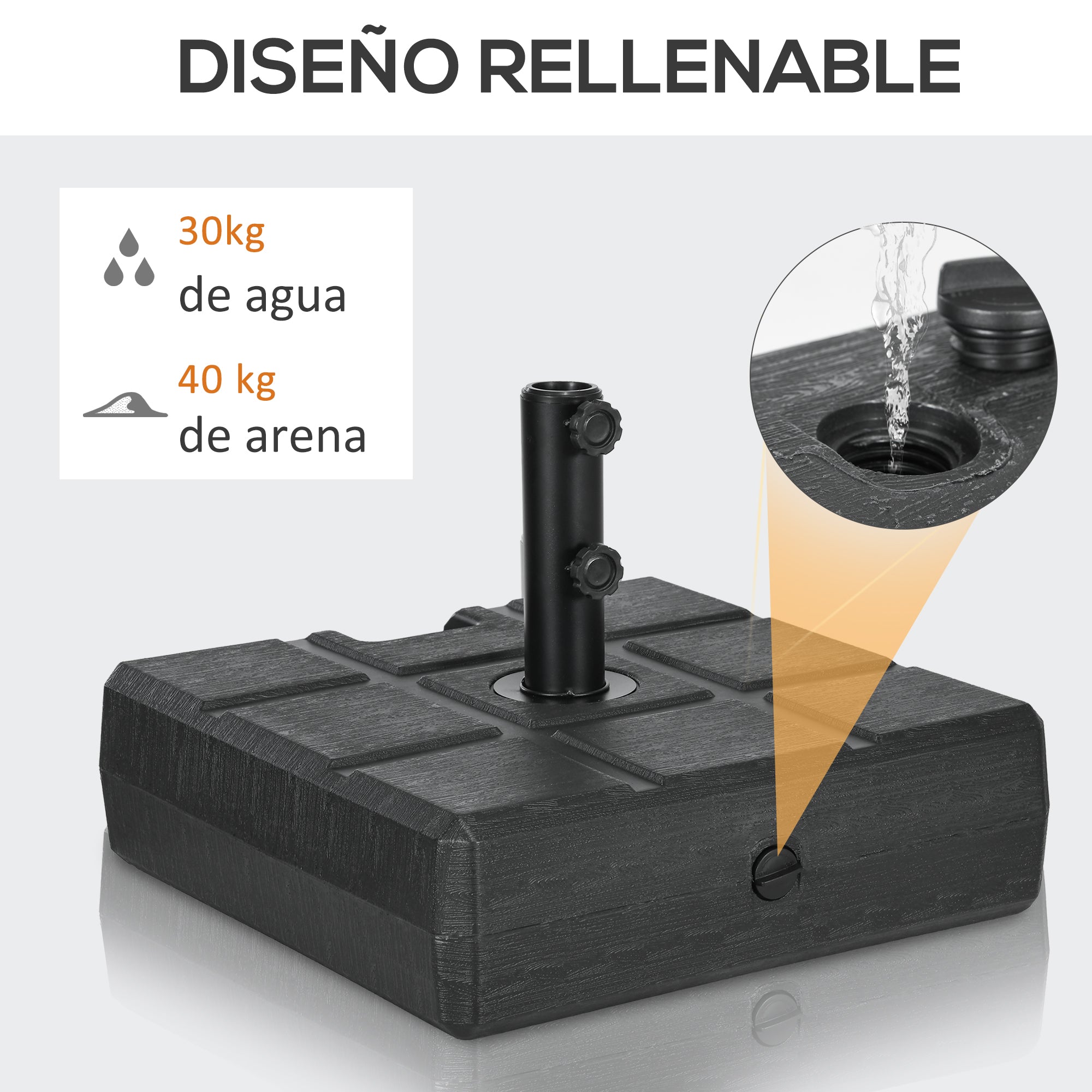 Rectangular Umbrella Base Fillable with 30 kg Water and 40 kg Sand for Parasol Post Ø32/38/48 mm Patio Garden 49x49x36.5 cm Black