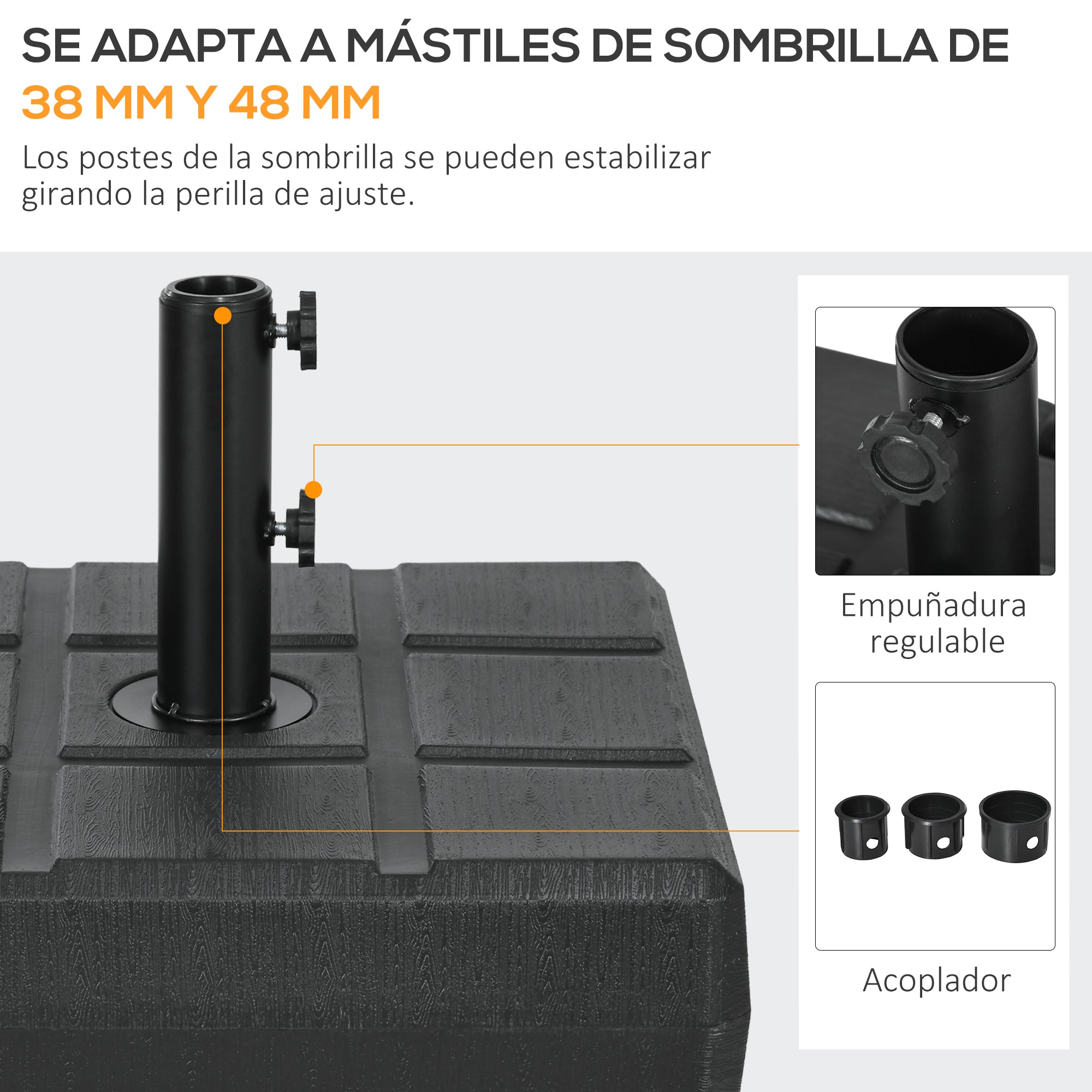Rectangular Umbrella Base Fillable with 30 kg Water and 40 kg Sand for Parasol Post Ø32/38/48 mm Patio Garden 49x49x36.5 cm Black