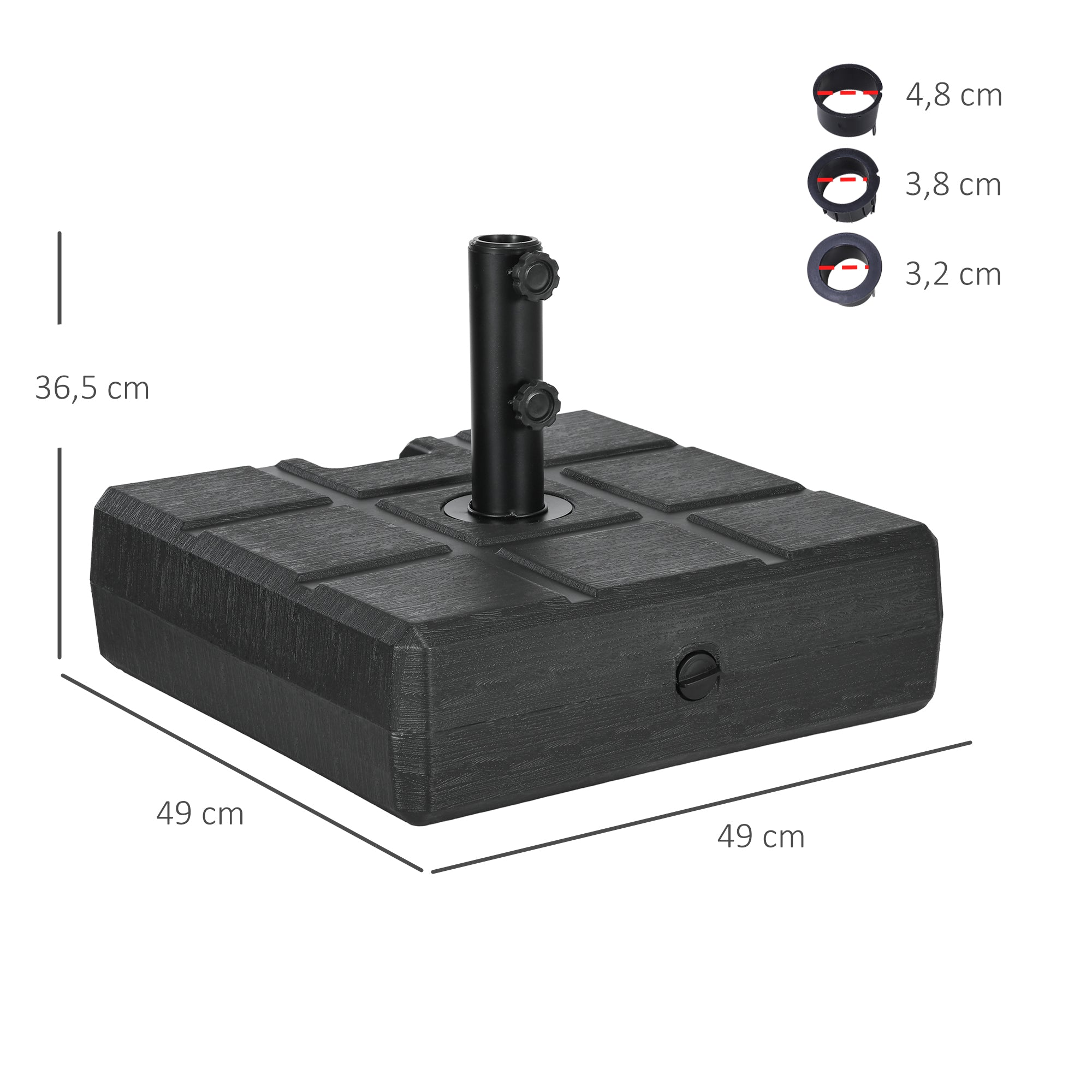 Rectangular Umbrella Base Fillable with 30 kg Water and 40 kg Sand for Parasol Post Ø32/38/48 mm Patio Garden 49x49x36.5 cm Black