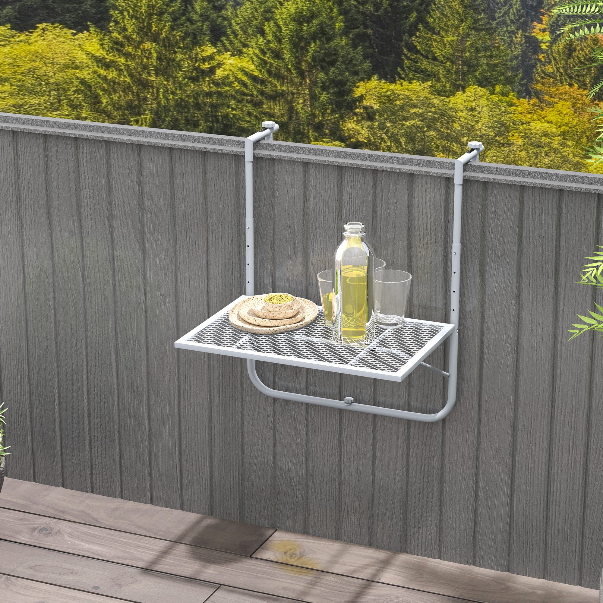 Foldable Hanging Balcony Table – 4-Position Height-Adjustable Metal Clamp-On Railing Table, Weather-Resistant, 23.6 x 15.7 in (60 x 40 cm), Gray