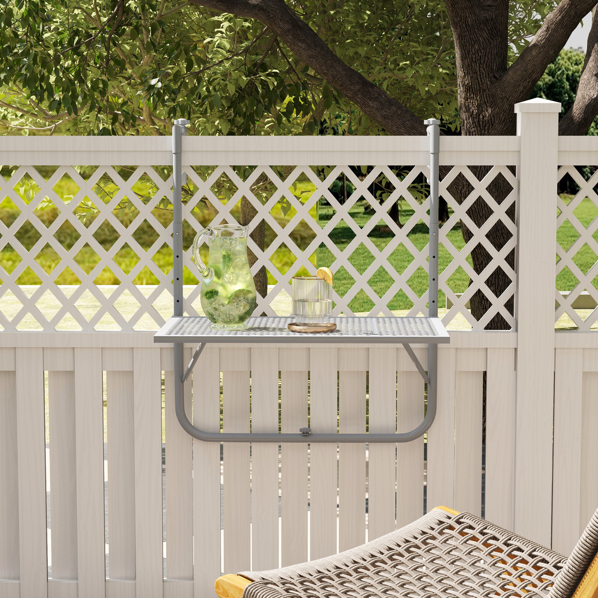 Foldable Hanging Balcony Table – 4-Position Height-Adjustable Metal Clamp-On Railing Table, Weather-Resistant, 23.6 x 15.7 in (60 x 40 cm), Gray