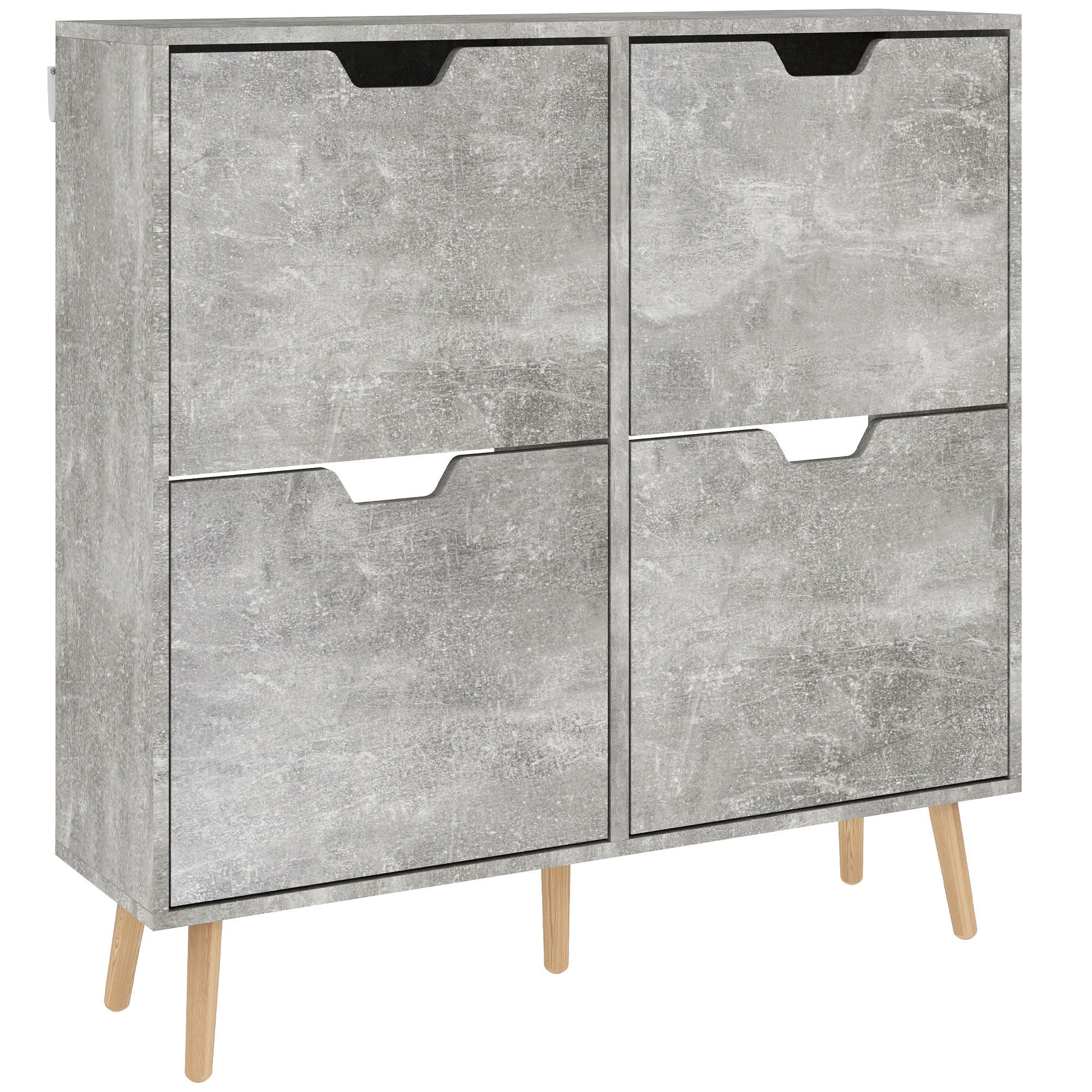 Entryway Shoe Cabinet with 4 Flip Drawers on 2 Levels for 16 Pairs of Shoes, Space-Saving Shoe Cabinet with Adjustable Shelves in Chipboard and Pine Wood, 95x26x95 cm, Gray
