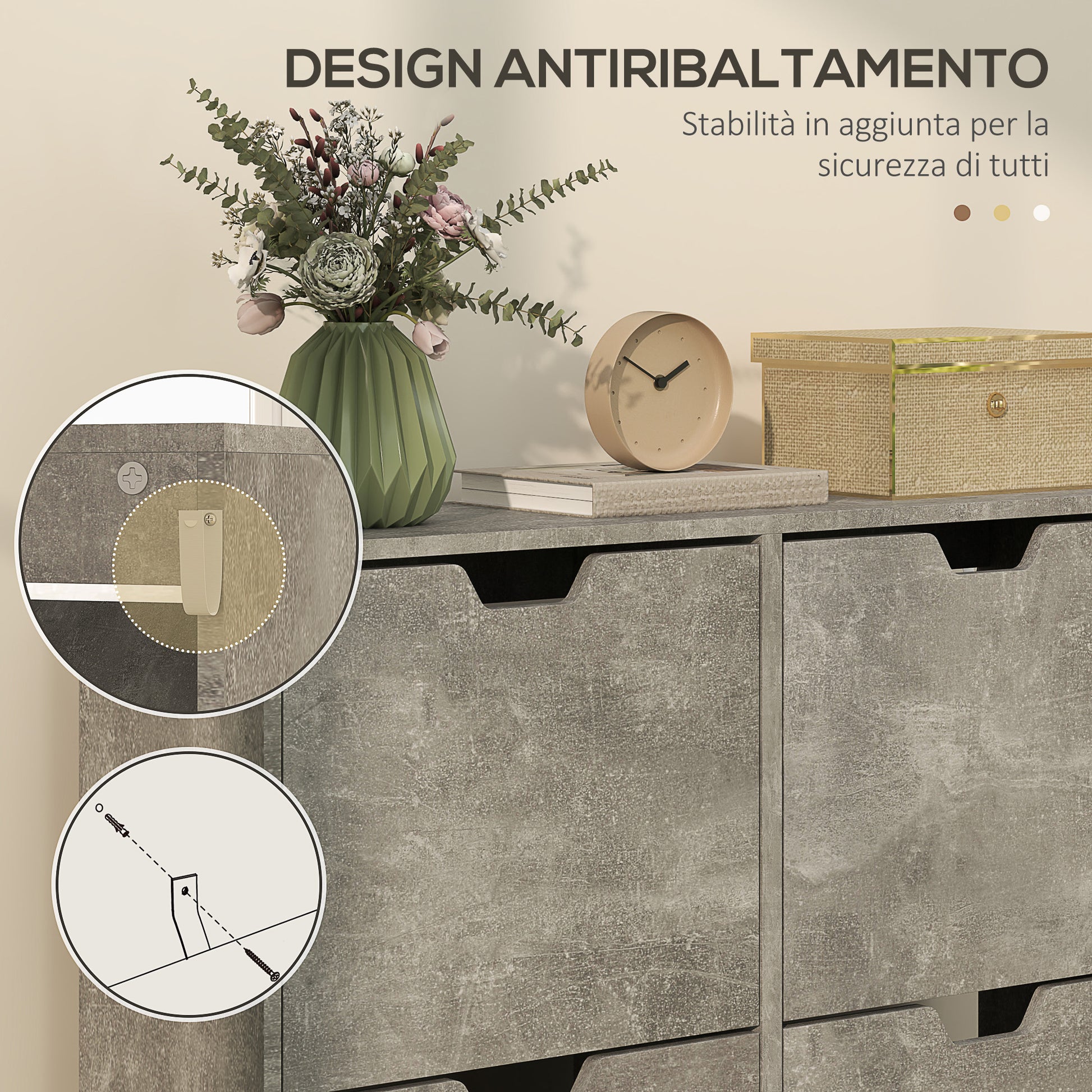 Entryway Shoe Cabinet with 4 Flip Drawers on 2 Levels for 16 Pairs of Shoes, Space-Saving Shoe Cabinet with Adjustable Shelves in Chipboard and Pine Wood, 95x26x95 cm, Gray