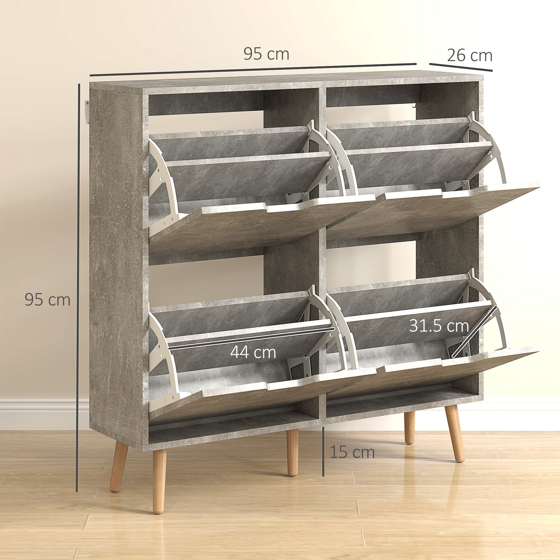 Entryway Shoe Cabinet with 4 Flip Drawers on 2 Levels for 16 Pairs of Shoes, Space-Saving Shoe Cabinet with Adjustable Shelves in Chipboard and Pine Wood, 95x26x95 cm, Gray