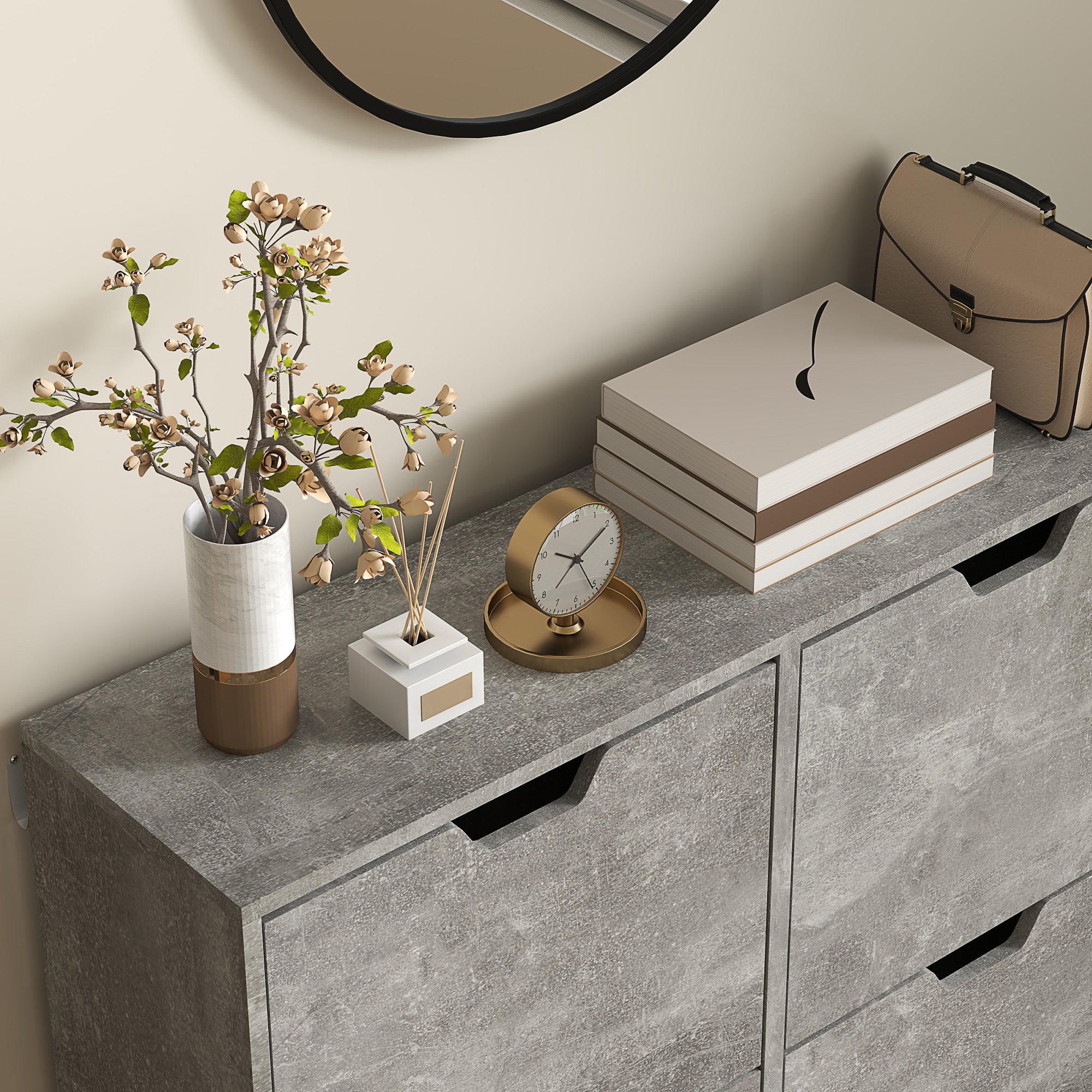 Entryway Shoe Cabinet with 4 Flip Drawers on 2 Levels for 16 Pairs of Shoes, Space-Saving Shoe Cabinet with Adjustable Shelves in Chipboard and Pine Wood, 95x26x95 cm, Gray