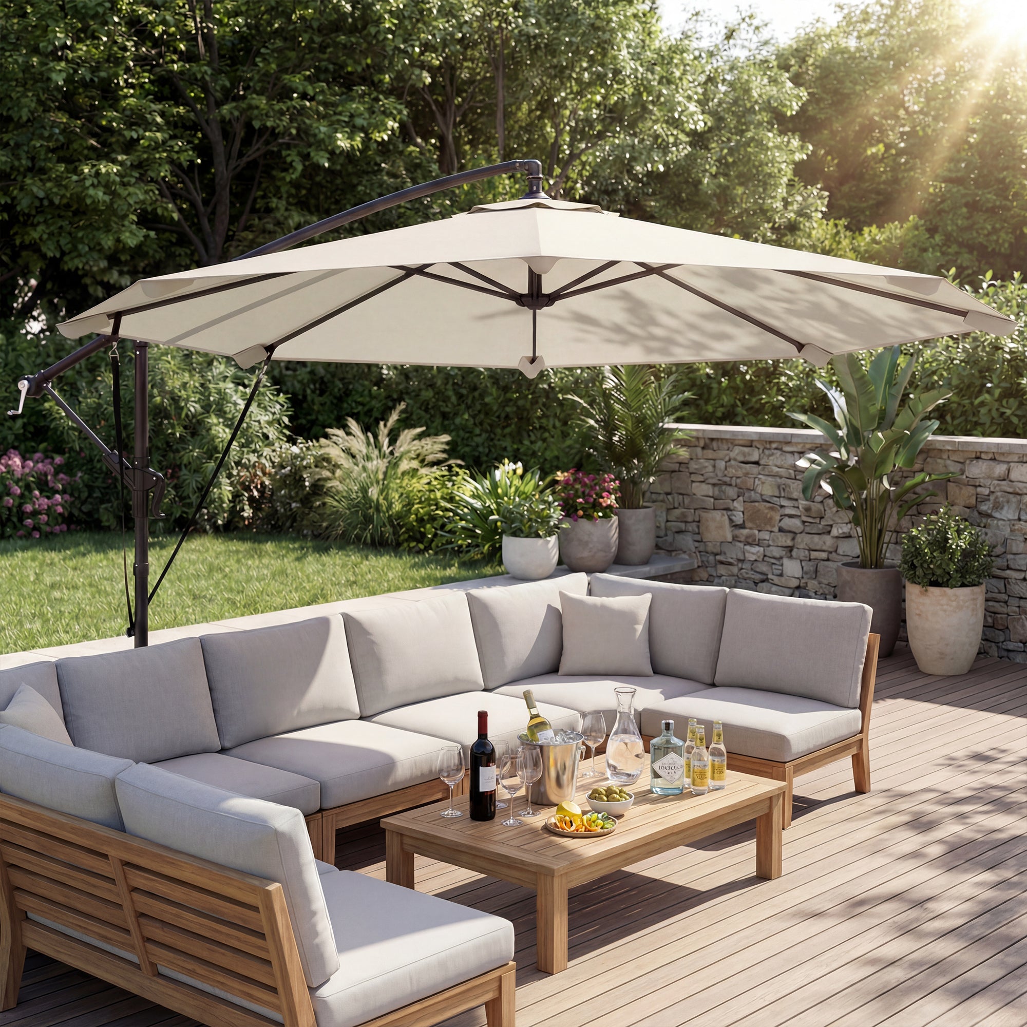 Cantilever Umbrella ~ Ø3.0 m | Tiltable Patio Parasol with Crank, Cross Base, Guy Ropes & Cover, UV-Resistant, Water-Repellent – Cream White