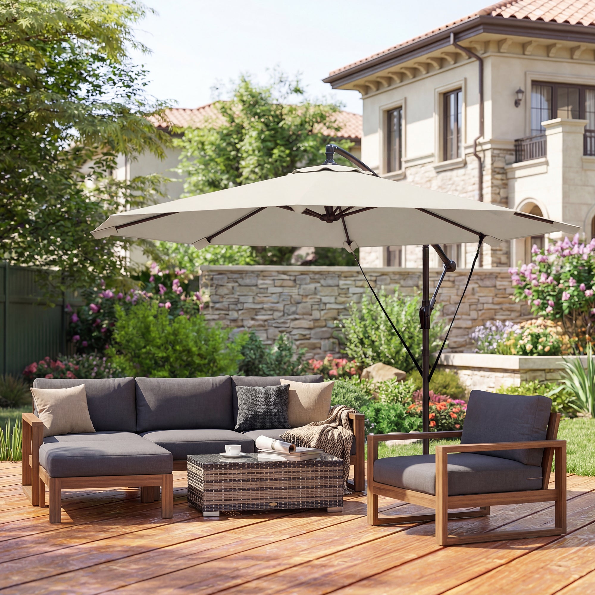 Cantilever Umbrella ~ Ø3.0 m | Tiltable Patio Parasol with Crank, Cross Base, Guy Ropes & Cover, UV-Resistant, Water-Repellent – Cream White