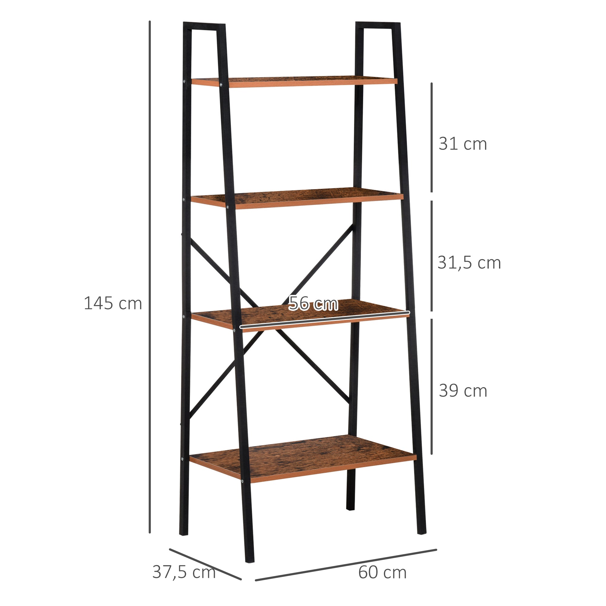 Ladder Shelf Industrial Bookcase with 4 Shelves for Living Room Office Study 60x35x145cm Rustic Brown