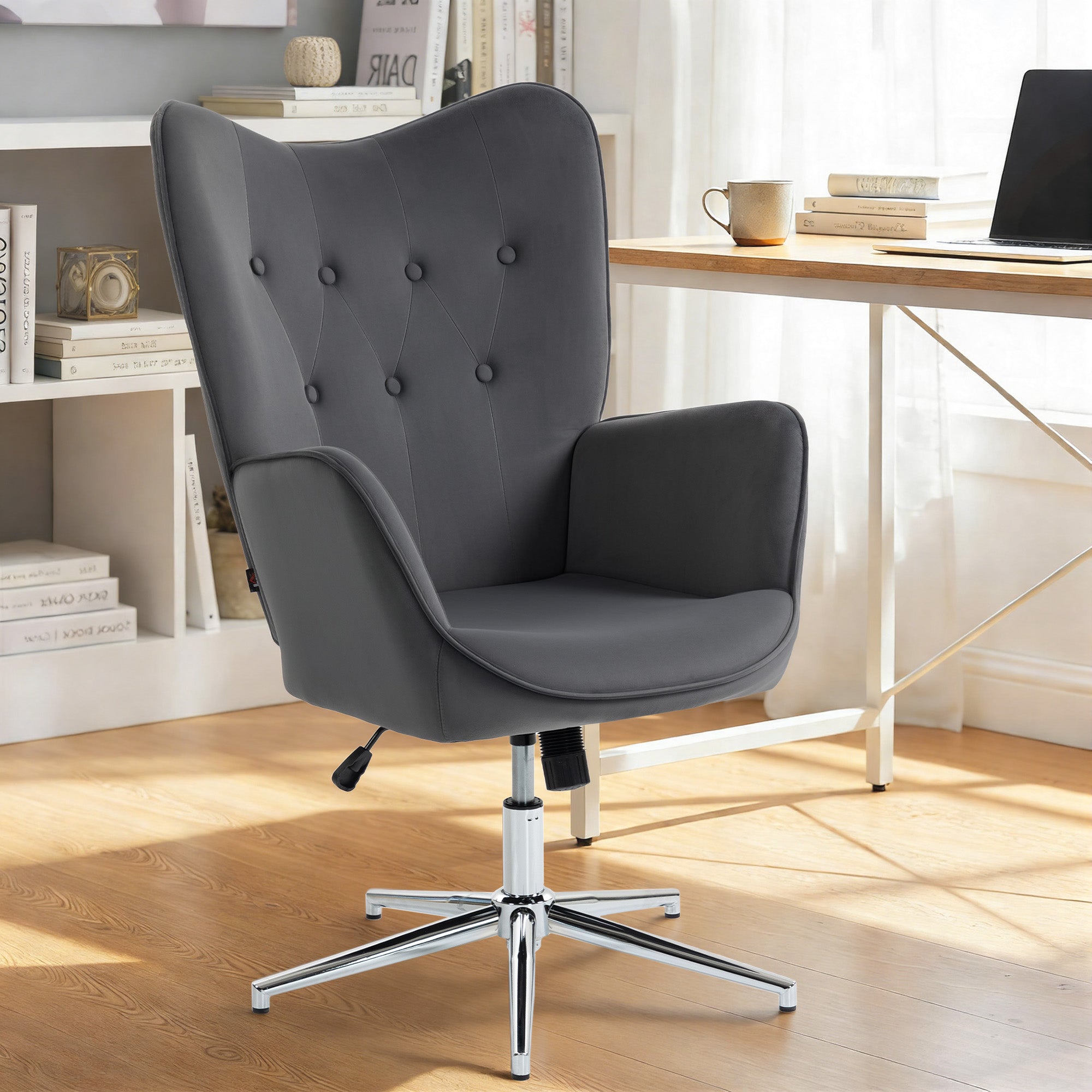 Velvet Accent Swivel Chair — Padded, Height-Adjustable with Armrests, Rocking Function, Dark Gray