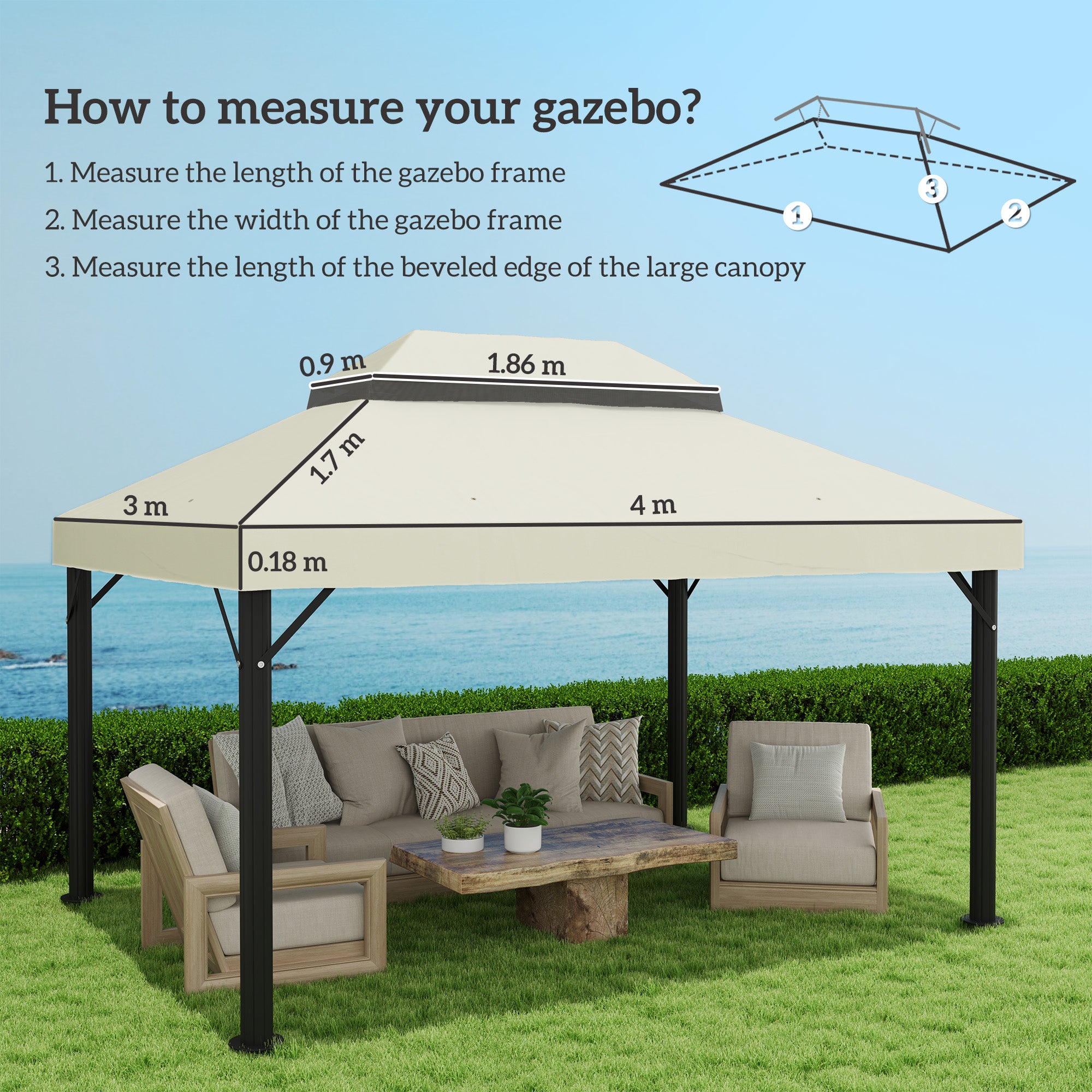 Replacement Roof for Gazebo 4x3 m Double Roof Replacement Cover with Mosquito Net UV 30+ Replacement Canopy for Pavilion Gazebo Cream