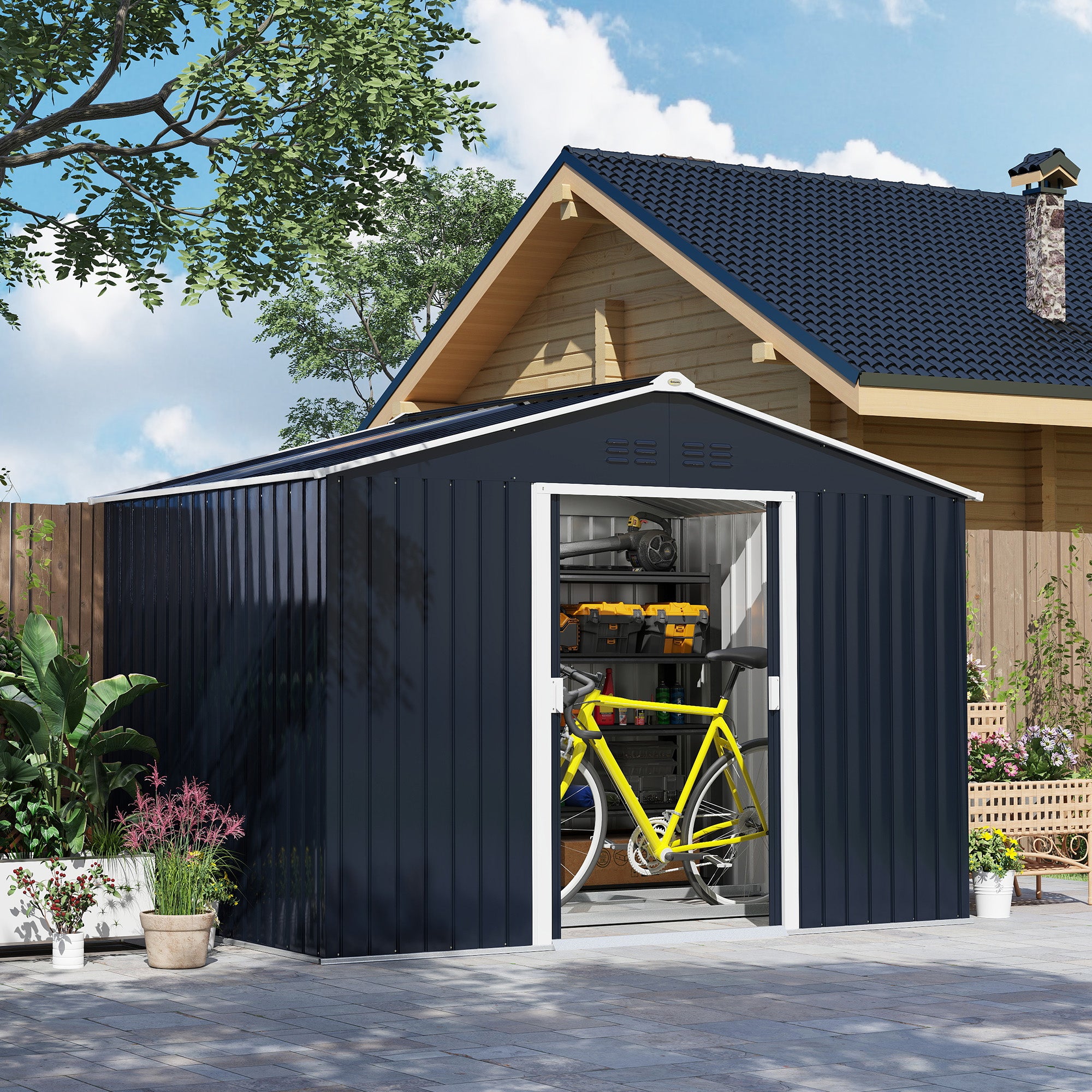 Storage Shed 4.9 sqm, Garden Shed with Pent Roof, Sliding Door, Foundation, 277 x 195 x 192 cm, Tool Shed made of Galvanized Steel, Weatherproof, for Garden, Dark Gray
