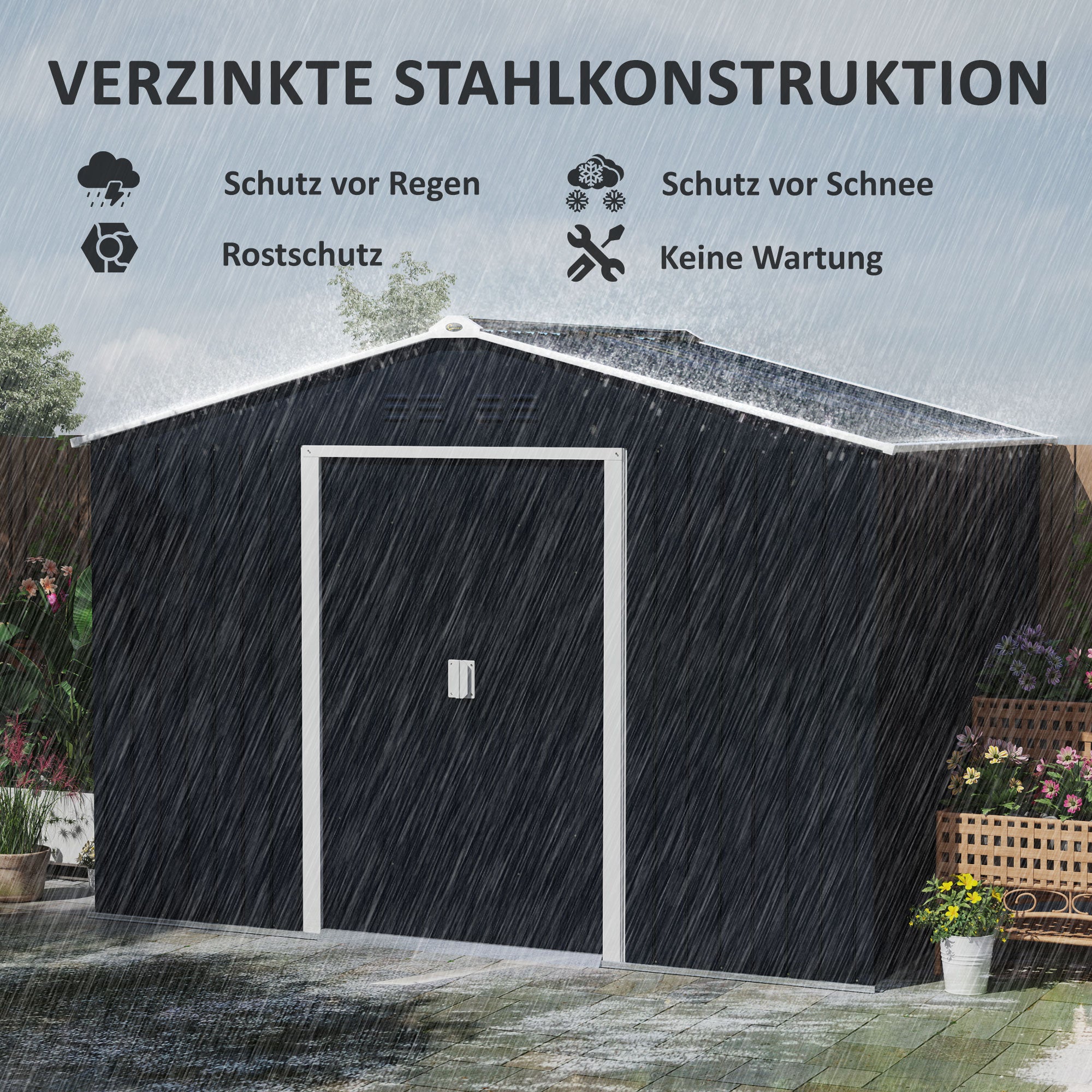 Storage Shed 4.9 sqm, Garden Shed with Pent Roof, Sliding Door, Foundation, 277 x 195 x 192 cm, Tool Shed made of Galvanized Steel, Weatherproof, for Garden, Dark Gray