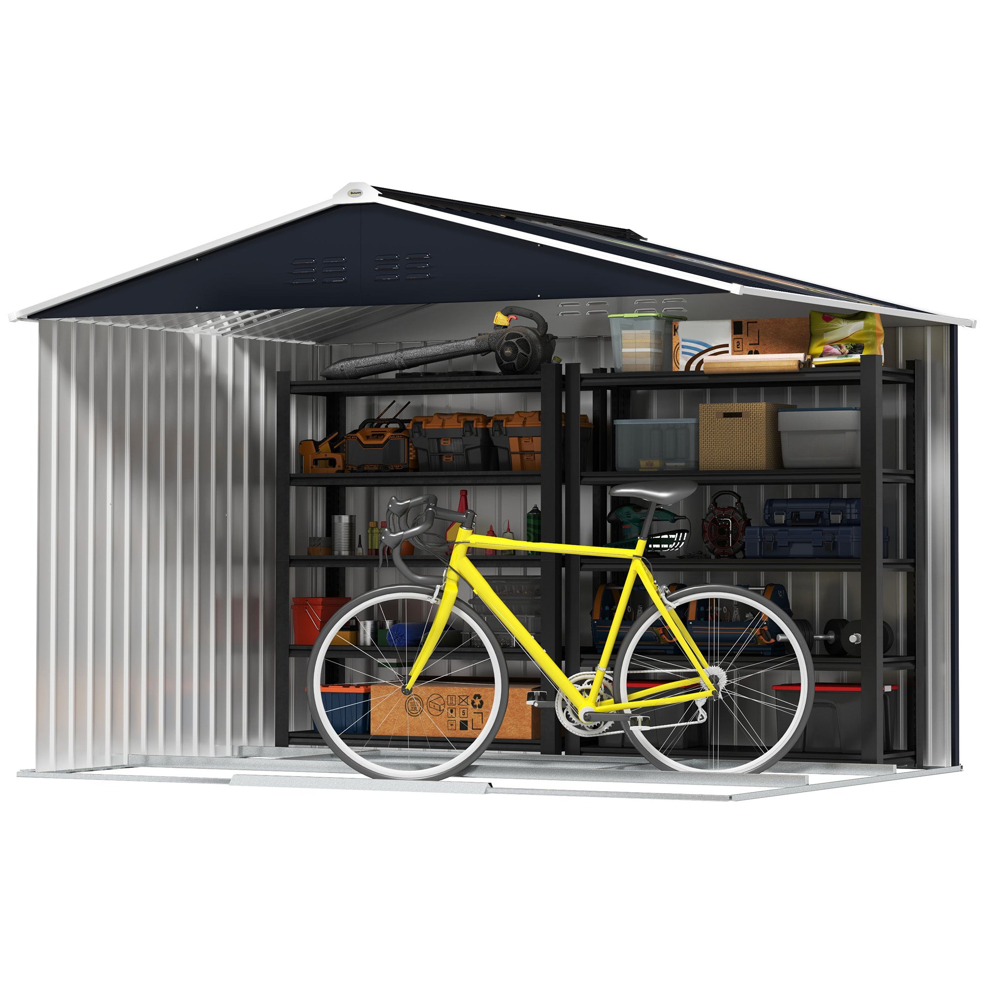 Storage Shed 4.9 sqm, Garden Shed with Pent Roof, Sliding Door, Foundation, 277 x 195 x 192 cm, Tool Shed made of Galvanized Steel, Weatherproof, for Garden, Dark Gray