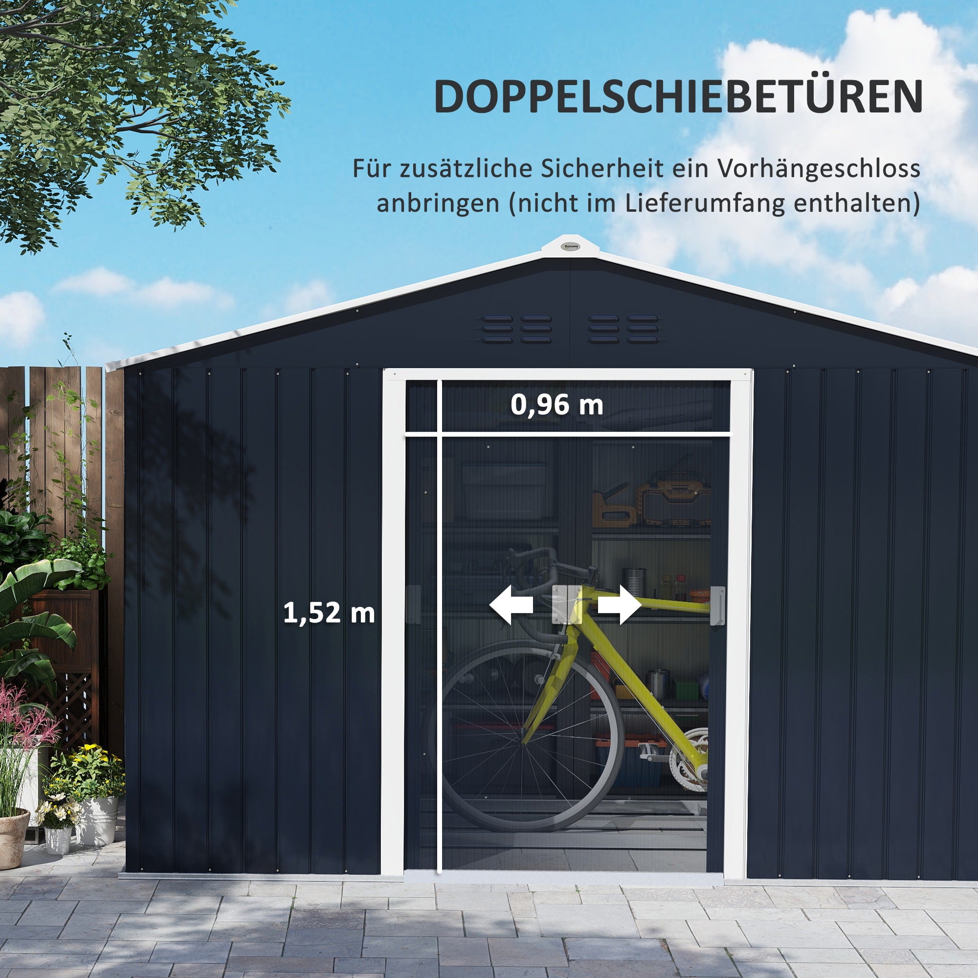 Storage Shed 4.9 sqm, Garden Shed with Pent Roof, Sliding Door, Foundation, 277 x 195 x 192 cm, Tool Shed made of Galvanized Steel, Weatherproof, for Garden, Dark Gray