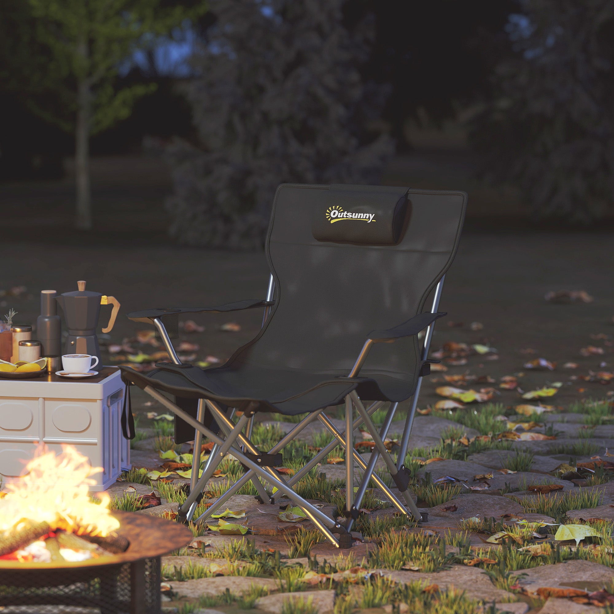 Folding Camping Chair, Fishing Chair with Removable Footrest, Headrest, Cup Holder, and Carry Bag, Lounge Chair for Outdoor Beach, Picnic, Black