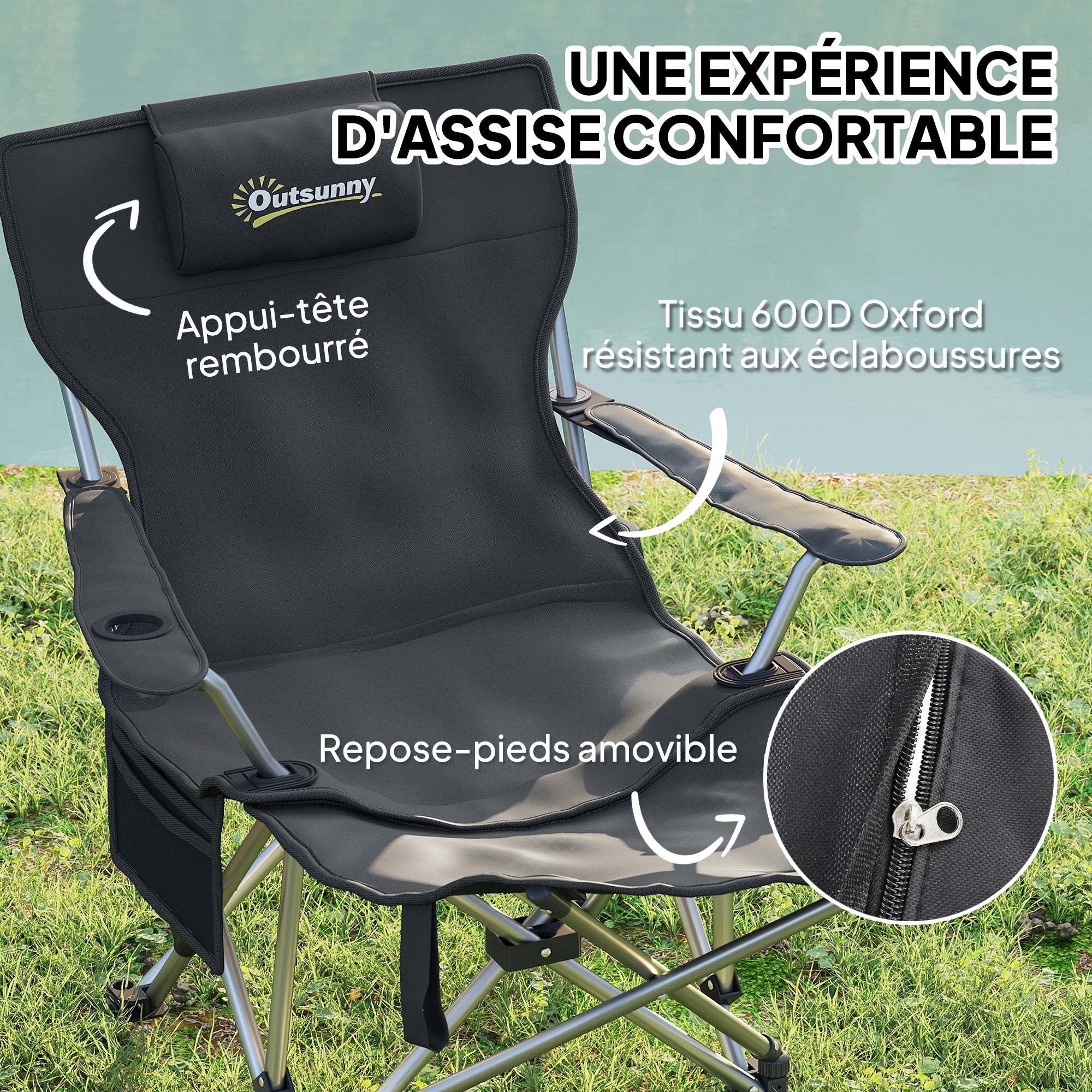 Folding Camping Chair, Fishing Chair with Removable Footrest, Headrest, Cup Holder, and Carry Bag, Lounge Chair for Outdoor Beach, Picnic, Black