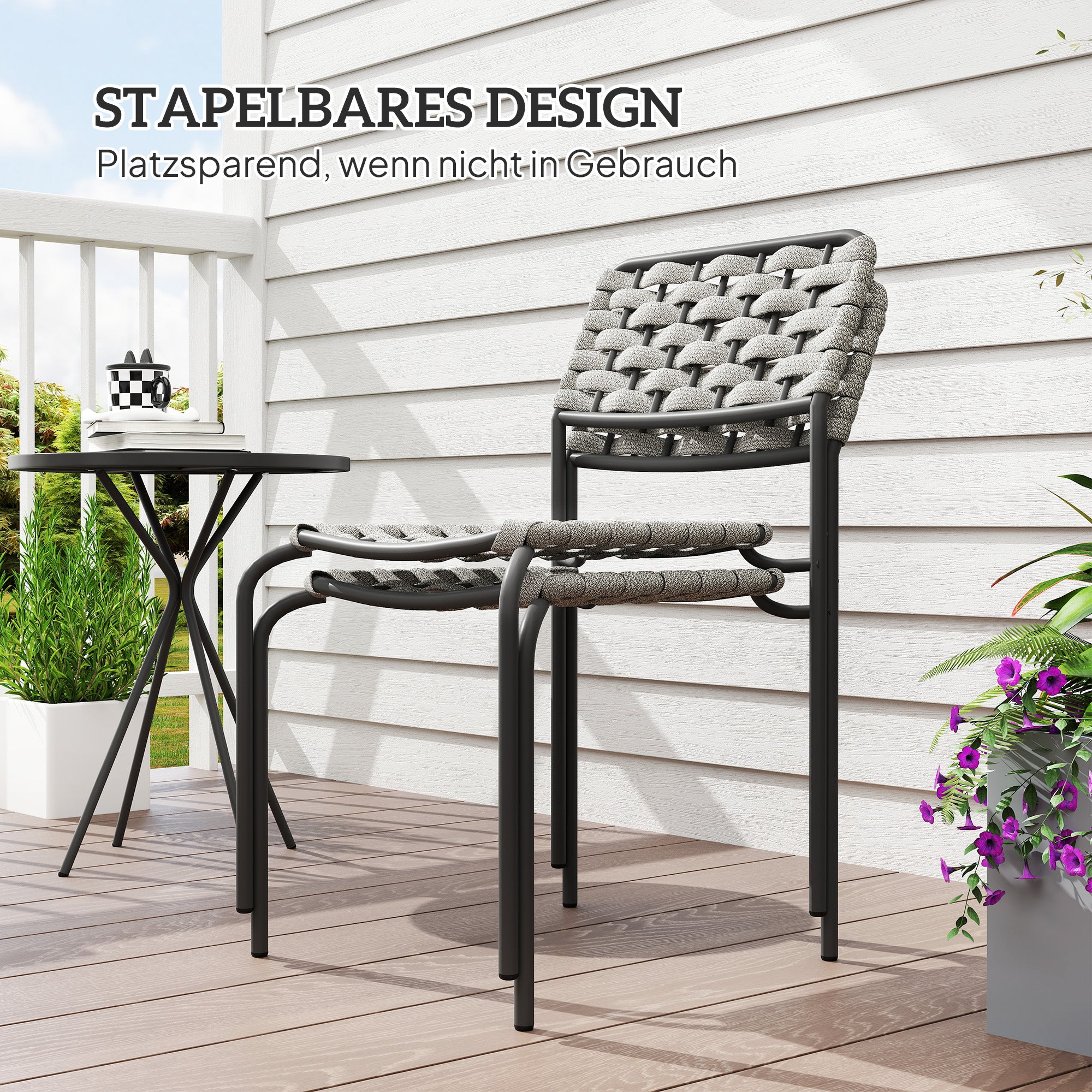 Poly Rattan Garden Furniture Set, Outdoor Lounge Balcony Furniture for 2 Persons, 3-Piece Seating Group with 2 Stackable Chairs, Table, Weatherproof Garden Lounge for Garden, Terrace, Balcony, Gray