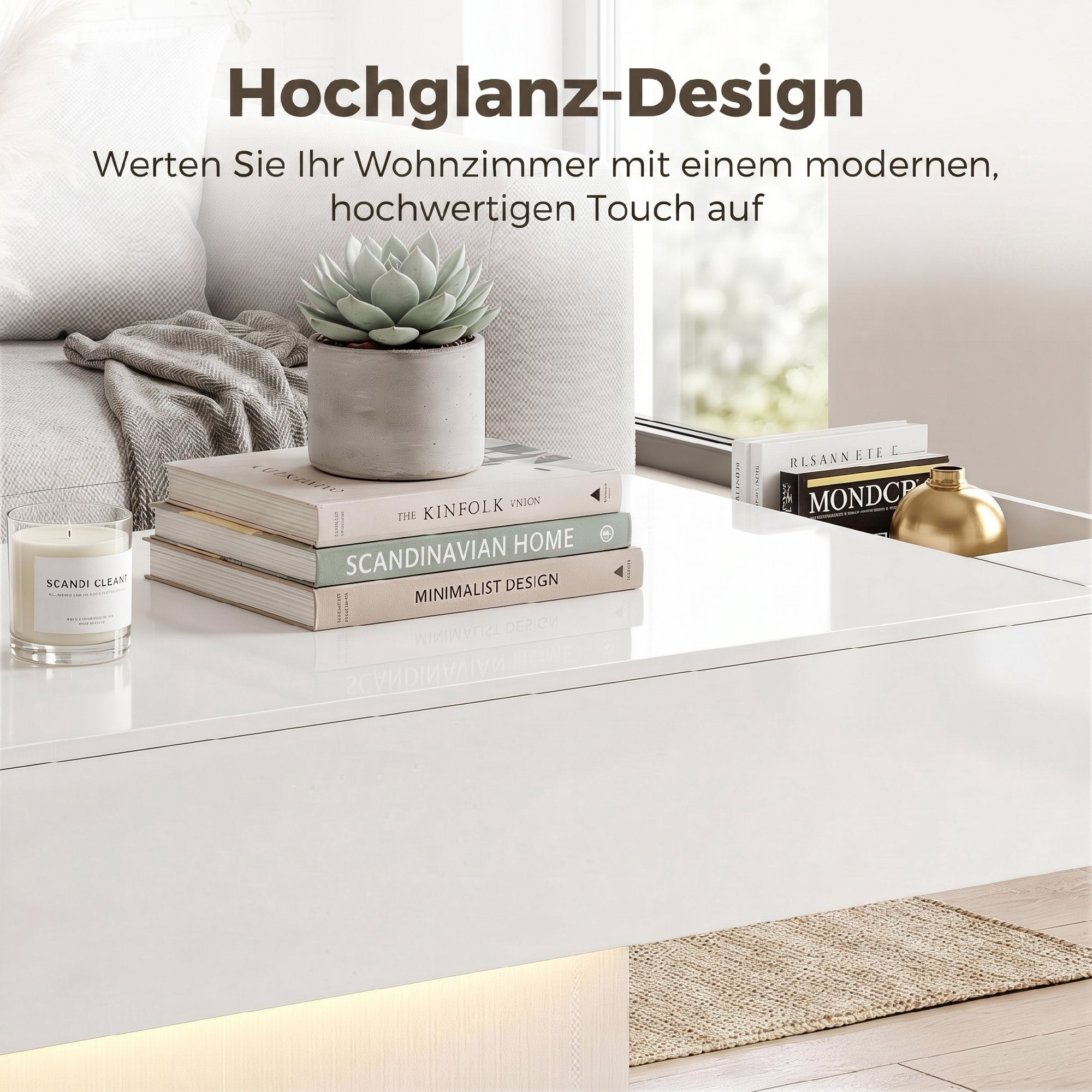 High-Gloss Coffee Table with LED Lighting, Modern Side Table with 2 Drawers, Remote-Controlled, 108 x 48 x 55 cm (42.5 x 18.9 x 21.7 in) – White