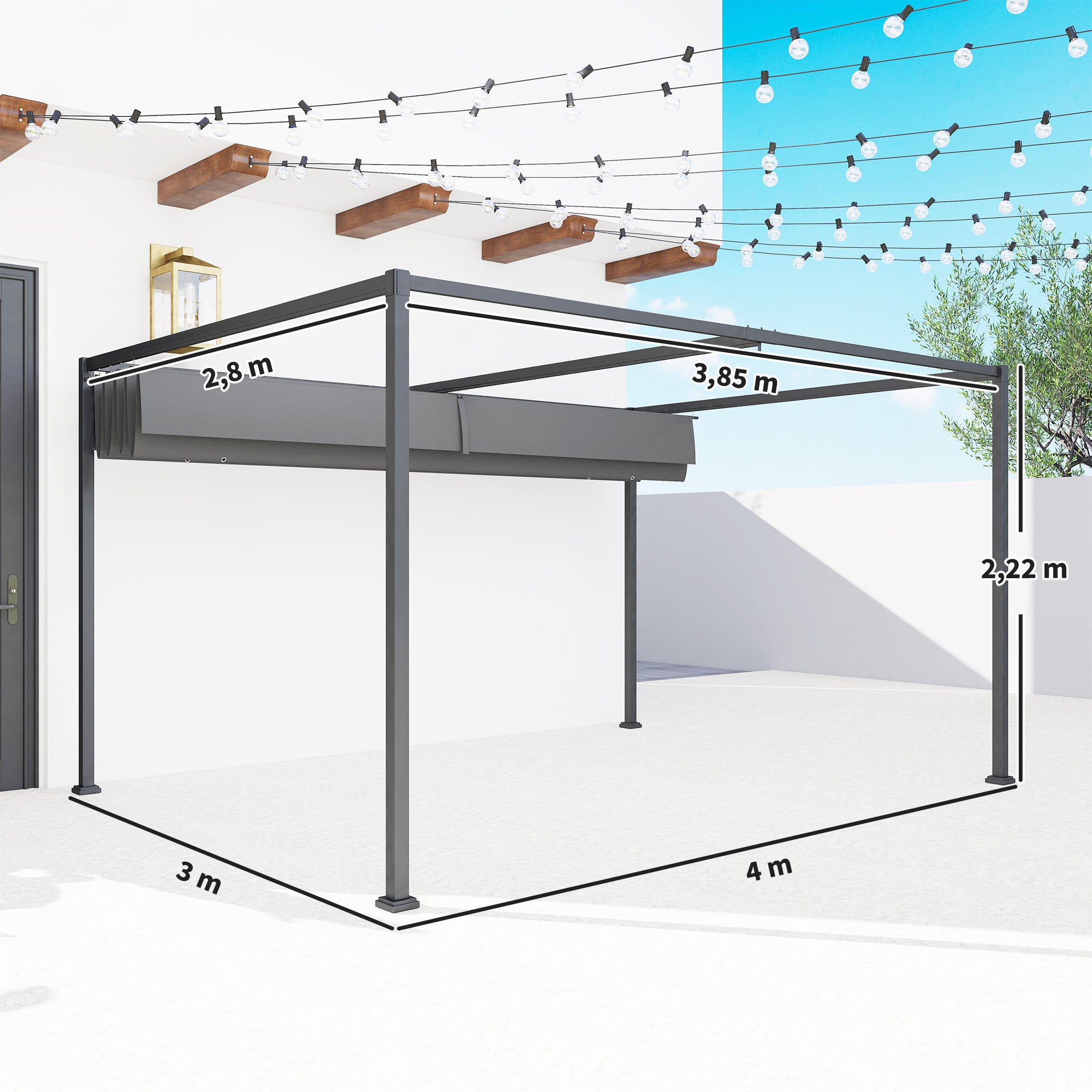 Pergola 4x3m Garden Pavilion, Steel Terrace Canopy, Garden Pavilion with Adjustable Roof, Freestanding, Sunshade for Terrace and Garden, Dark Grey