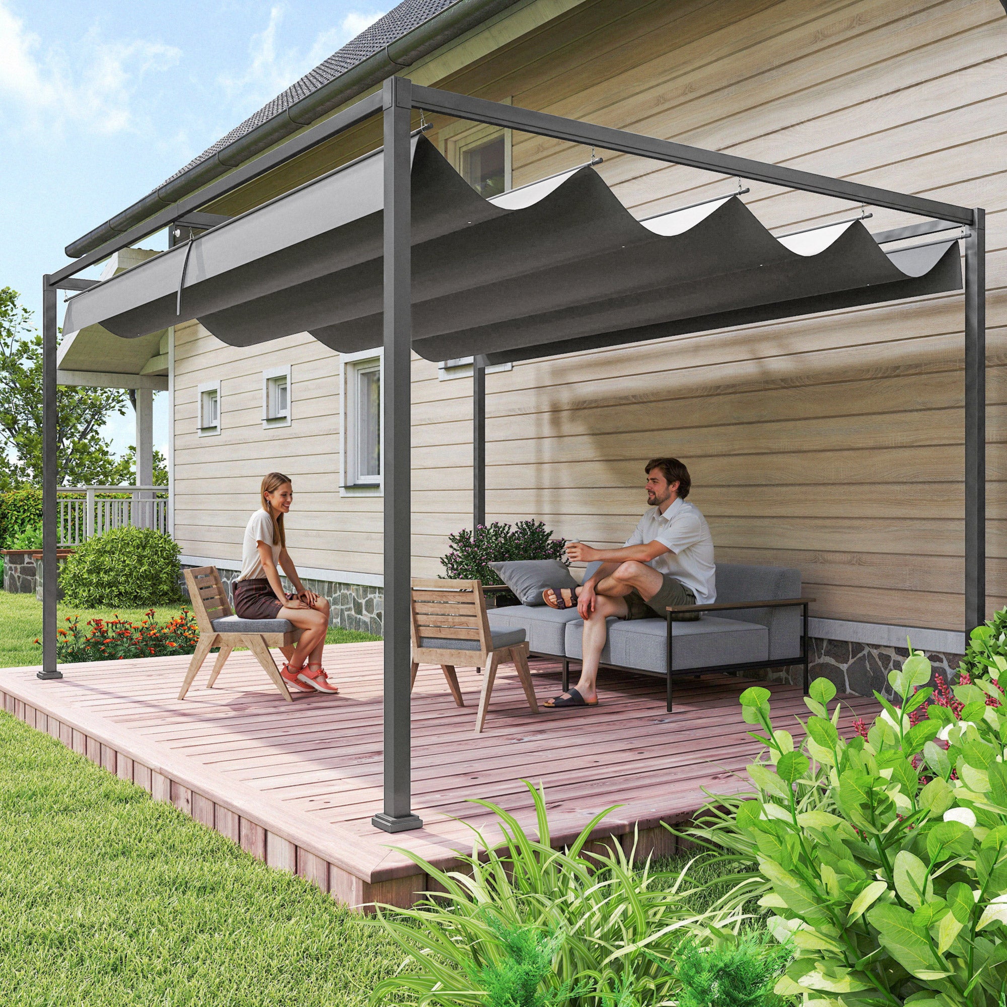 Pergola 4x3m Garden Pavilion, Steel Terrace Canopy, Garden Pavilion with Adjustable Roof, Freestanding, Sunshade for Terrace and Garden, Dark Grey