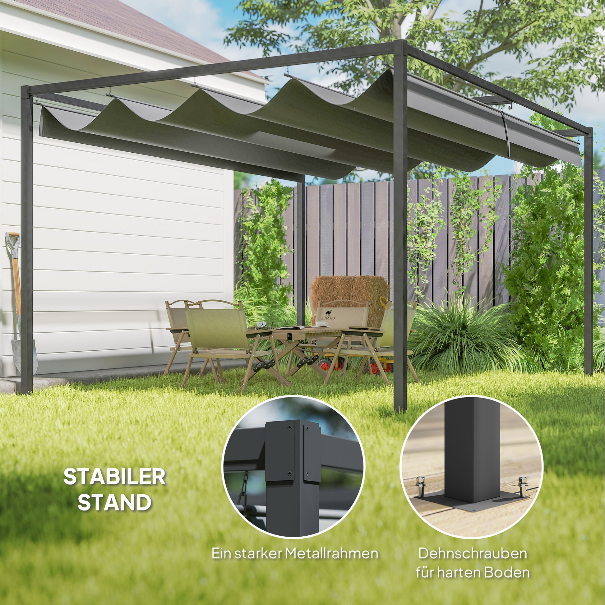 Pergola 4x3m Garden Pavilion, Steel Terrace Canopy, Garden Pavilion with Adjustable Roof, Freestanding, Sunshade for Terrace and Garden, Dark Grey
