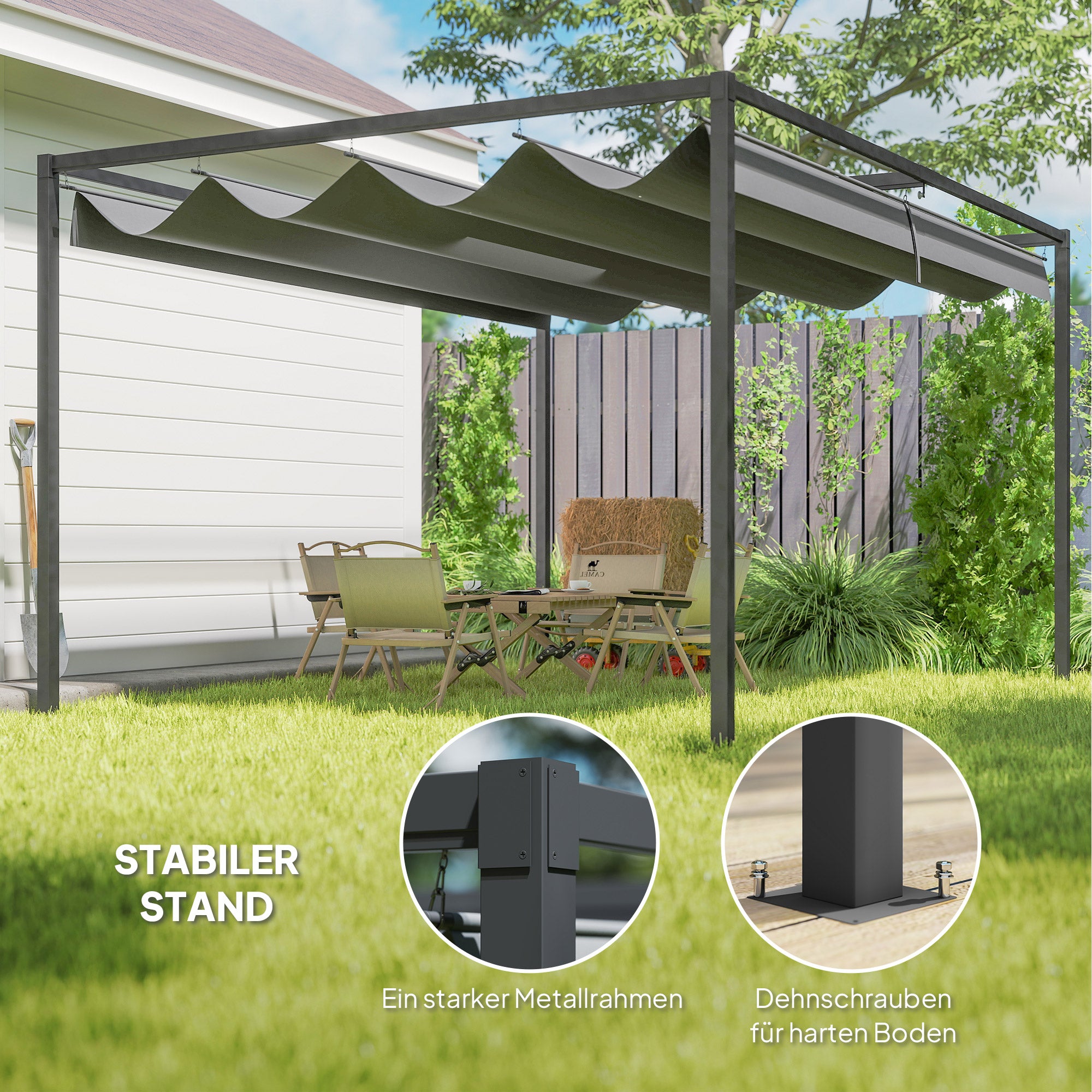 Pergola 4x3m Garden Pavilion, Steel Terrace Canopy, Garden Pavilion with Adjustable Roof, Freestanding, Sunshade for Terrace and Garden, Dark Grey